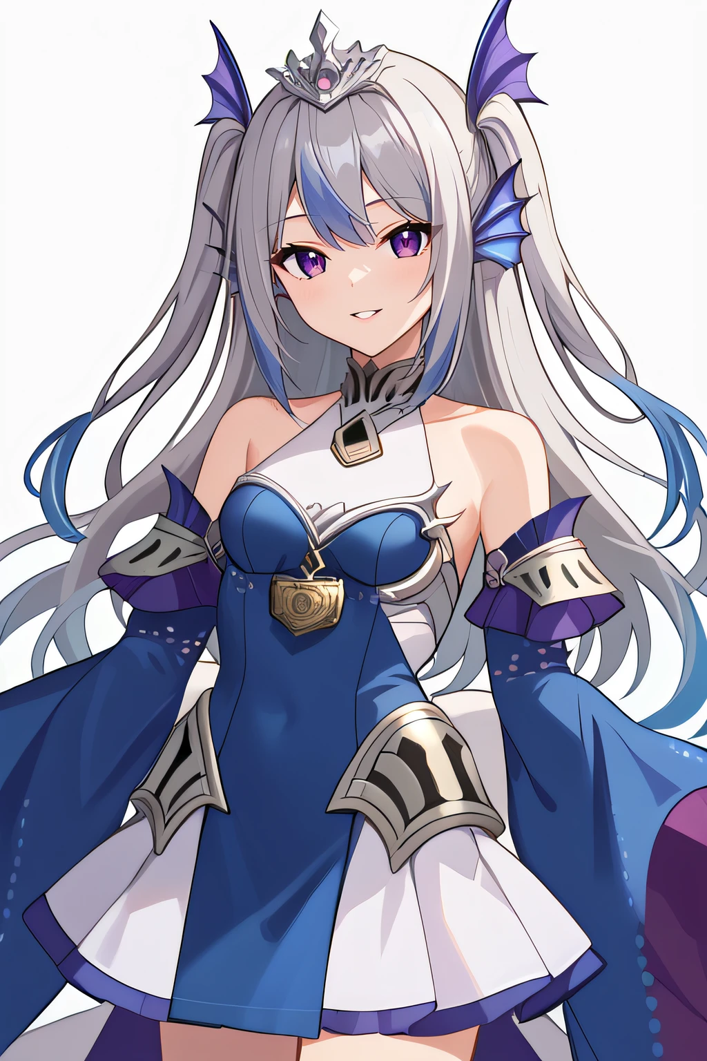 score_9, score_8_up, score_7_up, source_anime, rating_safe, intricate details, anime screencap, official style, 1girl, <lora:Tearlaments_Scheiren:1>, scheiren, grey hair, two side up, streaked blue hair, purple eyes, ear fins, tiara, head fins, tiara, blue dress, padlock, jewelry, sleeves past wrists, bareshoulders, white skirt, cowboy shot, simple background, looking at viewer, smile, parted lips