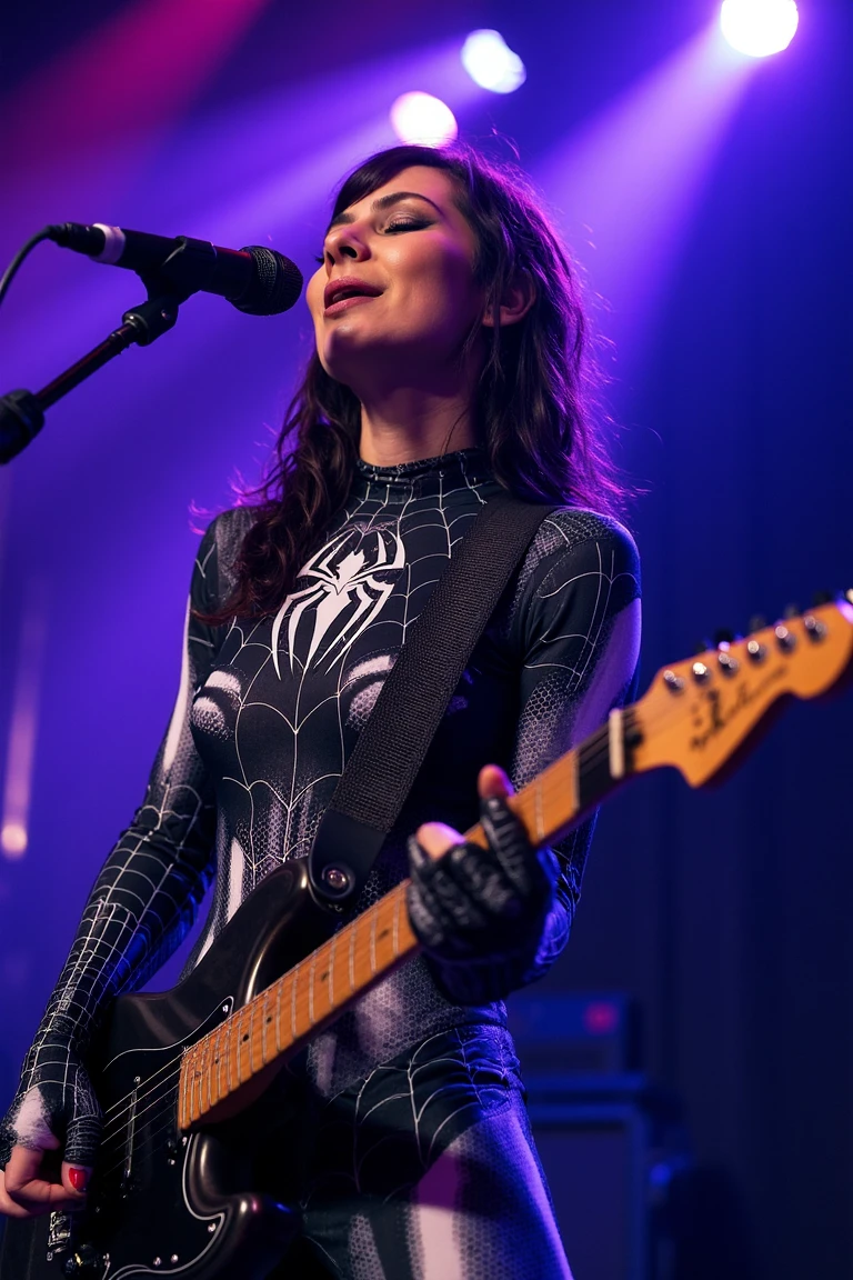 woman wearing a black SymbioteSuit playing the guitar, on stage, singing a song, laser lights, punk rocker
<lora:Symbiote1500:1>