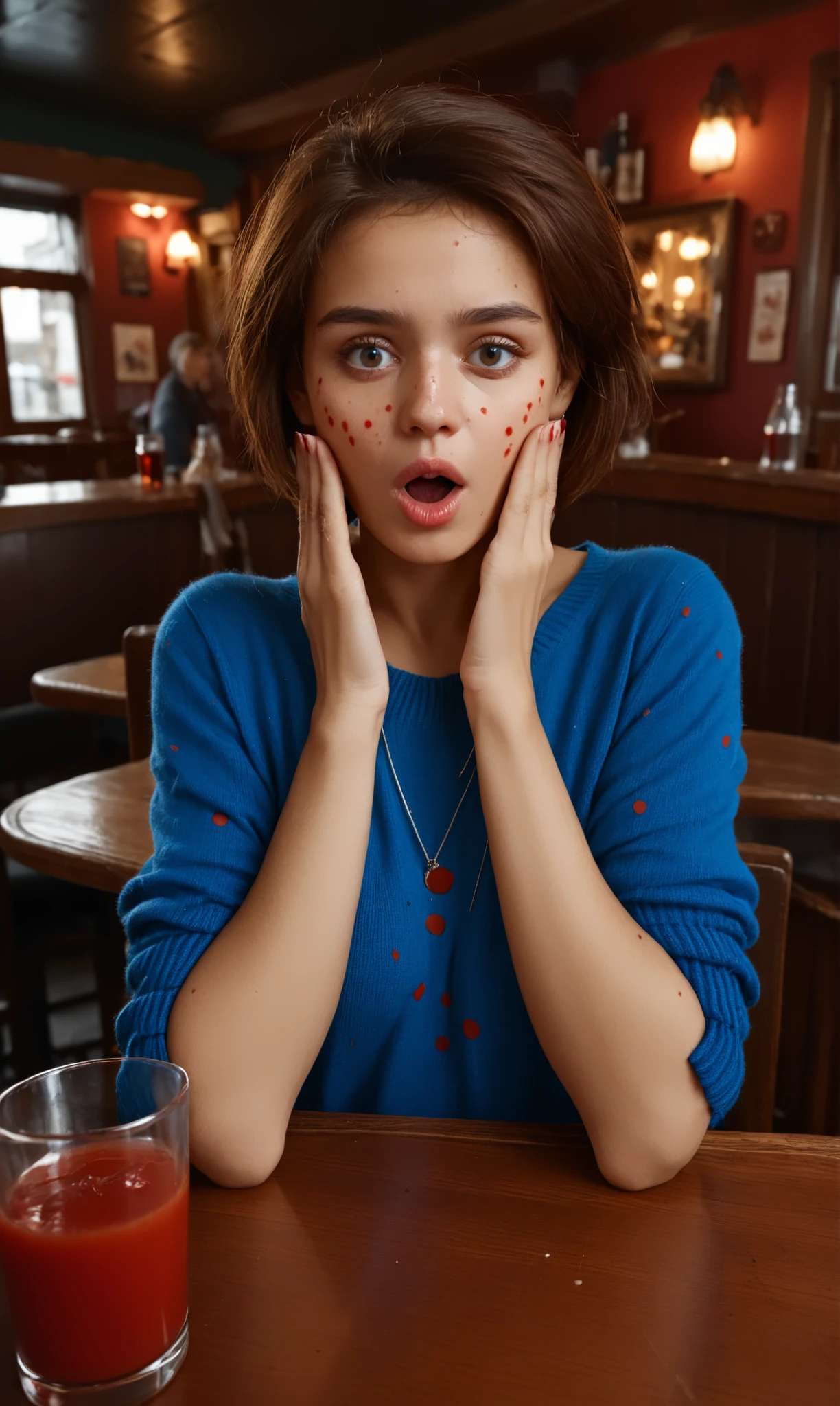 loasha 
woman in a blue sweater  with several irregular large red spots on her clothing sitting on table with a glass of tomato juice,  locking ashamed with hands on face, on a crowded pub
, necklace,  short brunette hair 
<lora:LookingAshamed:1>