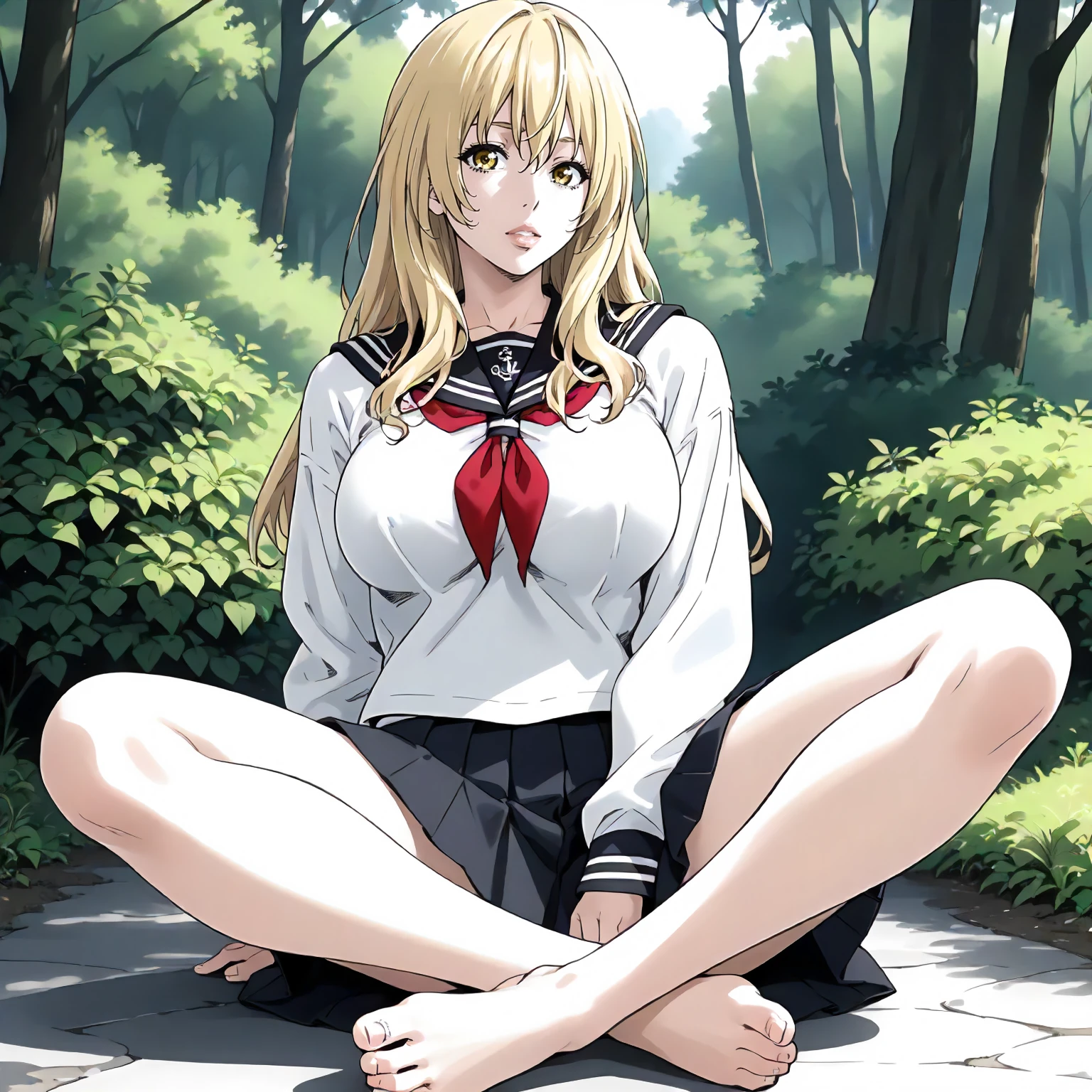 <lora:Us_EmaKaburagiXLpony001>,
outdoors,nature,
parted lips,looking at viewer,
solo,
EmaKaburagi,1girl,blonde hair,medium long hair,yellow eyes,
large breasts,
black sailor color,white shirt,long_sleeves,
pleated_skirt,black skirt,
full body,sitting,