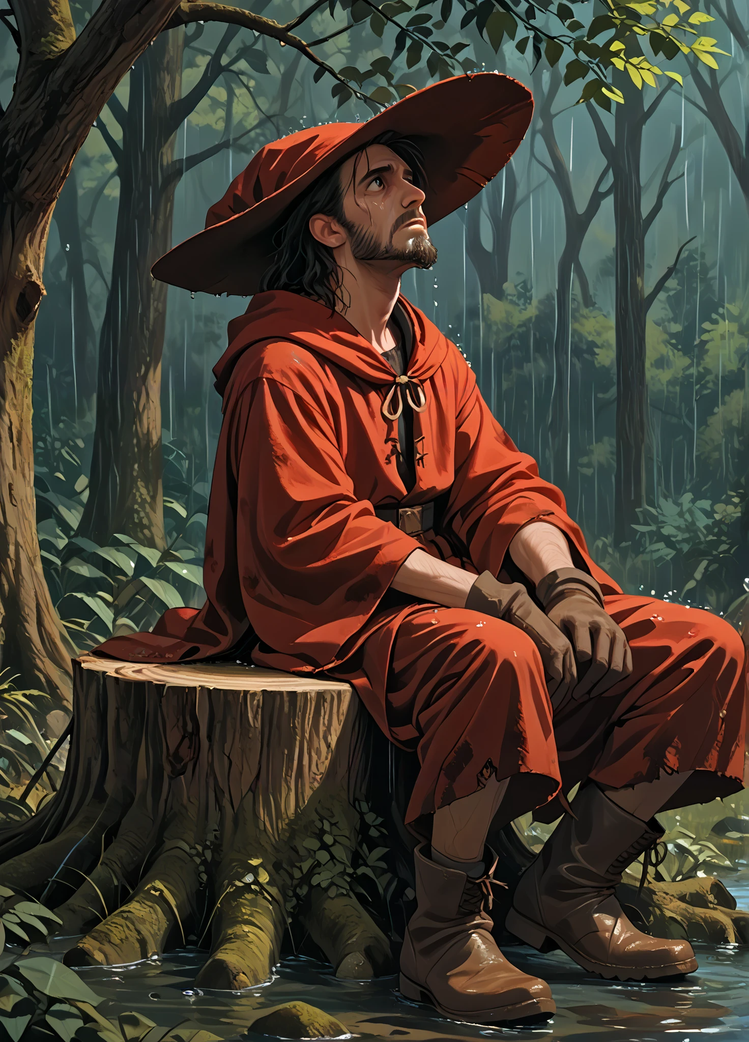 score_9, score_8_up, score_7_up, score_6_up, BREAK
<lora:rincewind_000050:0.83>, wizard hat, rincewind, red robe, tall, skinny, burnt clothes, cape, boots, male focus, solo, beard, upset, sitting on tree stump, looking up, looking to the side, gloves, nature, rain, water drop