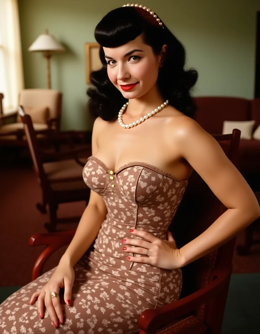 Bettie Page in classic elegance, wearing a vintage 1950s tea dress, floral print, cinched waist, soft curls, and pearls, seated in a mid-century living room, warm lighting, inspired by retro fashion ads, timeless and graceful.