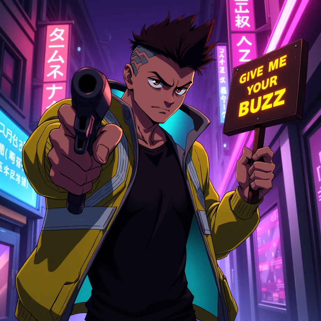 A man holding a gun pointing at the camera in one hand and the other is holding a sign that reads 'give me your buzz', he looks angry is wearing a black shirt and a yellow jacket, cyberpunk city night neon lights ,anime style 