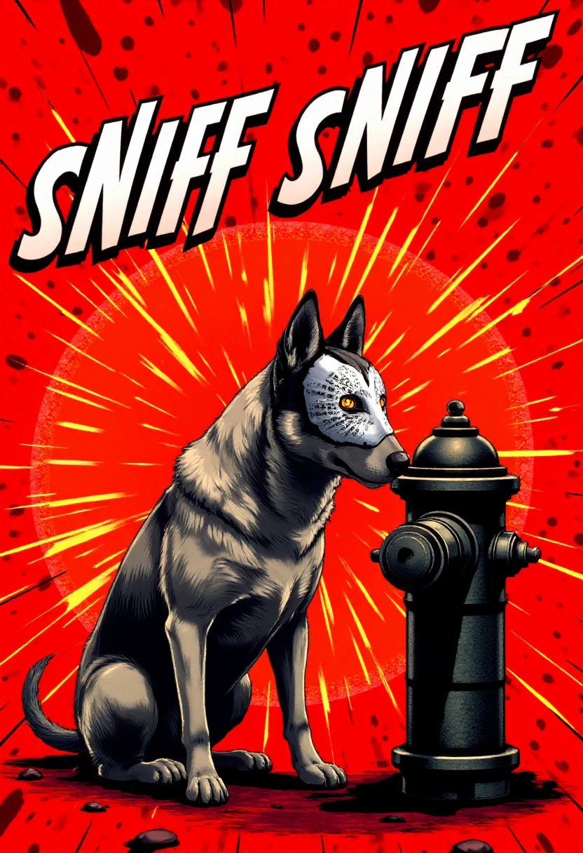 p5style, a dog wearing a masquerade mask sniffing a fire hydrant. Diagonal bold text: "SNIFF SNIFF". Red pop punk flashy background.  