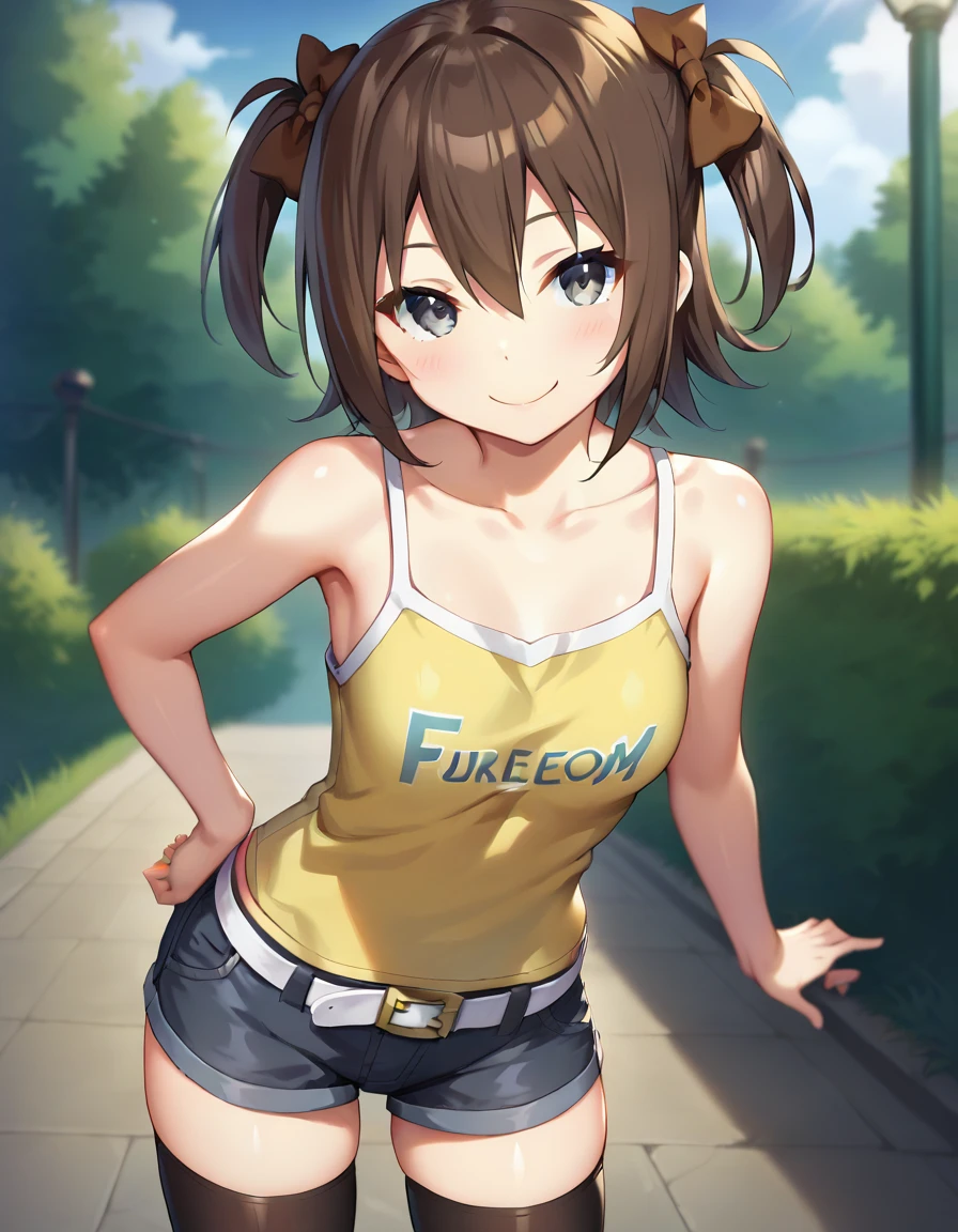 score_9,score_8_up,score_7_up,score_6_up BREAK official art,solo,outdoors,upper body,(portrait:1.5),looking at viewer,facing viewer,smile,Sky,brown hair,short hair,two side up,hair bow,brown bow,hair between eyes,grey eyes,collarbone,bare shoulders,tank top,yellow camisole,clothes writing,small breasts,white belt,grey shorts,short shorts,denim shorts,shorts rolled up,thighs,zettai ryouiki,black thighhighs,loafers,<lora:Sky(Sky-Freedom)-Pony:1.4>,<lora:Smooth Anime Style LoRA XL:0.8>,