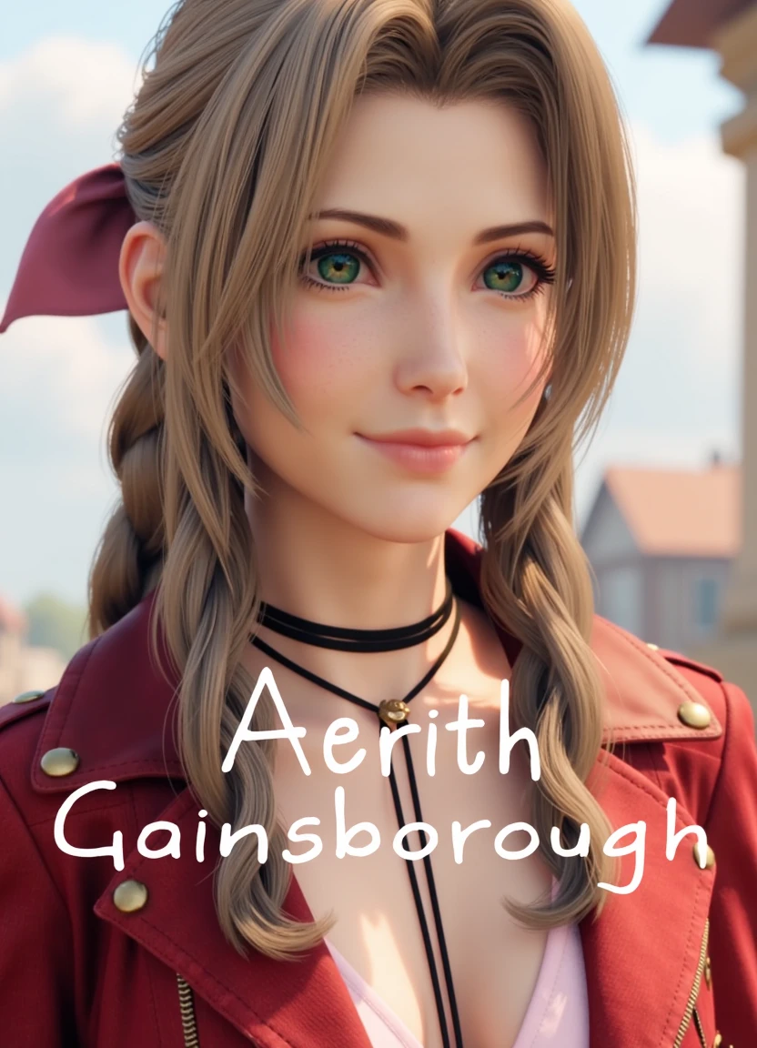 aerith, title text saying "Aerith Gainsborough" written in the center. She is smiling