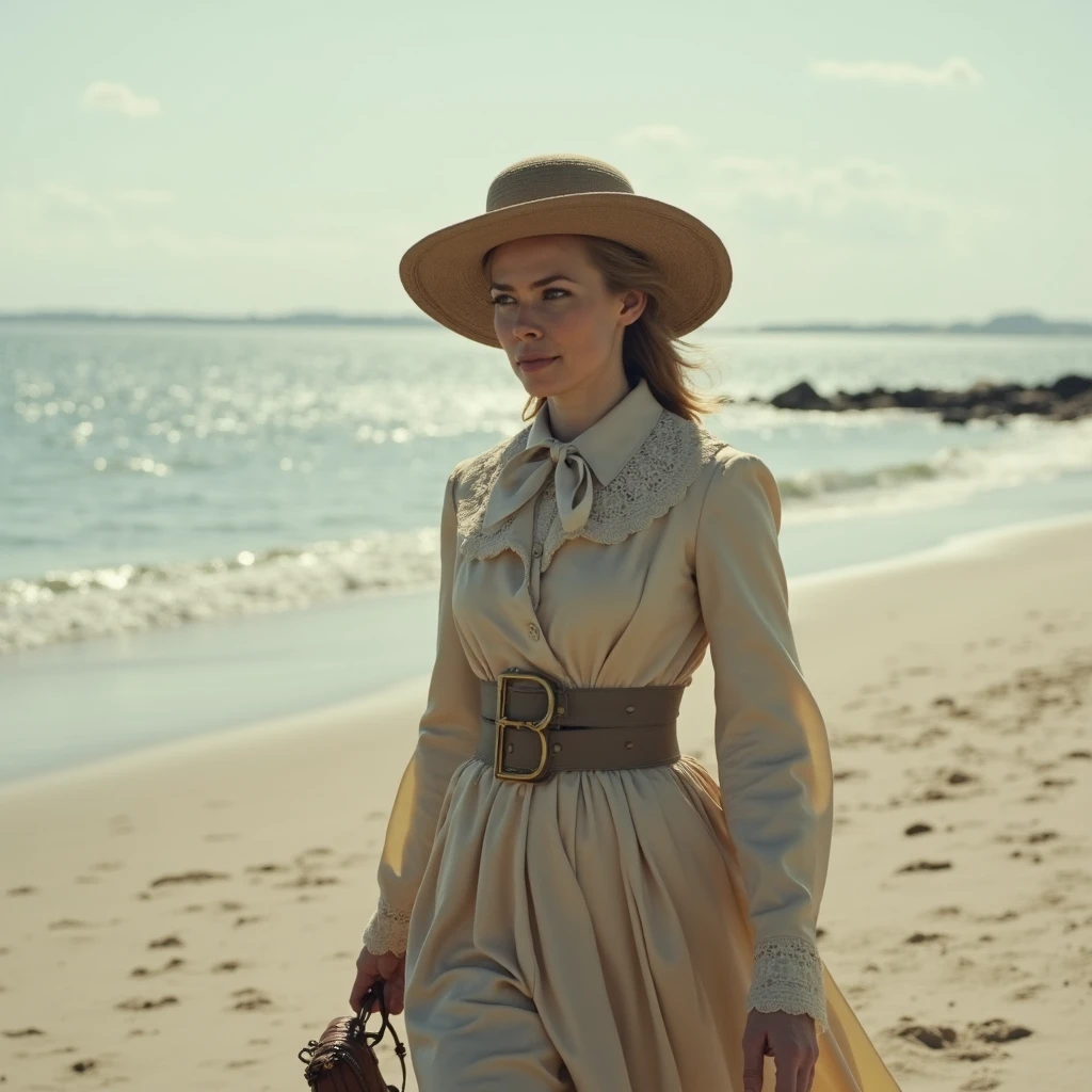 briborgen woman, movie still, walking at beach in victorian outfit, 