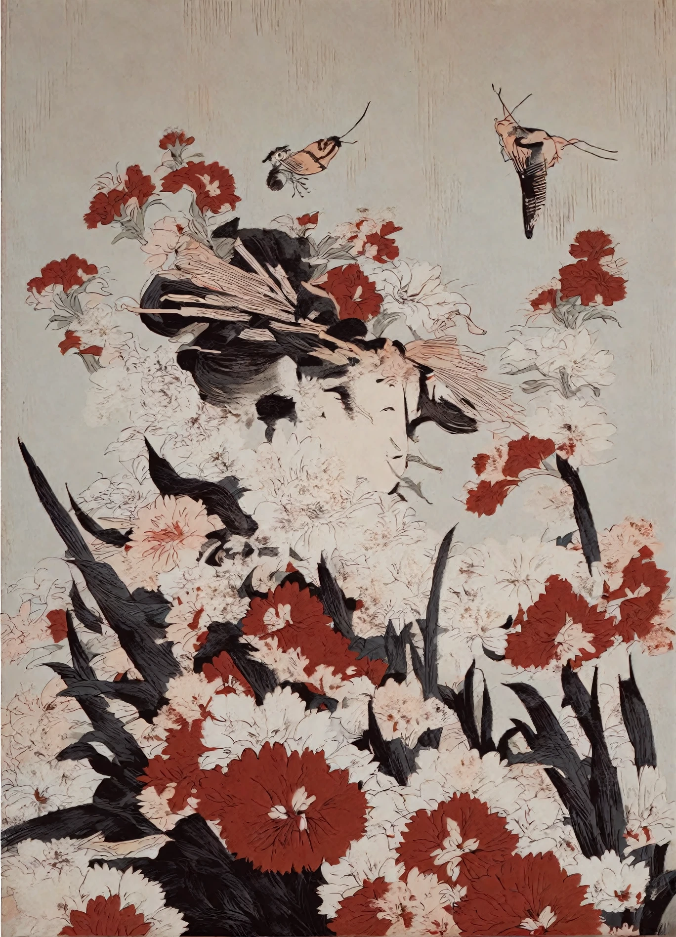 <lora:kitagawa-utamaro_pony_v2:1> ' Locust ' by Utamaro Kitagawa in 1788,flower painting \(genre\),Ukiyo-e \(style\),flowers-and-plants, The painting features a variety of flowers and plants, including red and white flowers, along with a grasshopper., score_9, score_6_up, score_7_up