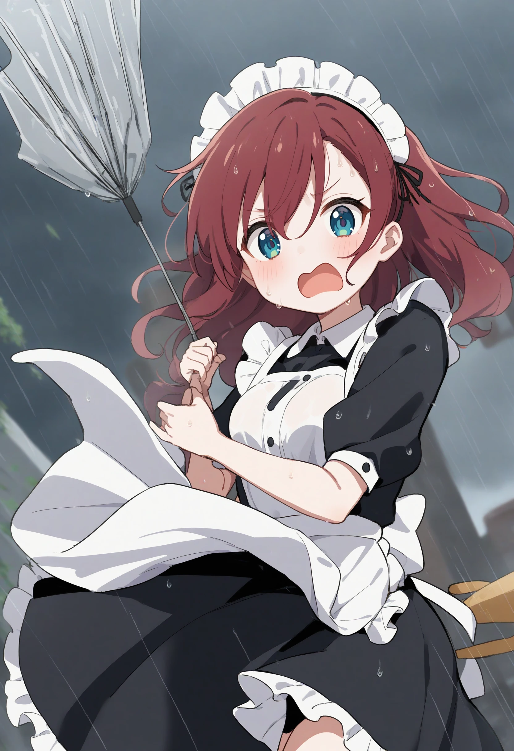 1girl,sincos, ningen mame, toosaka asagi,solo,medium breasts,20yo,maid,maid headdress,
cloudy sky ,floating hair ,leaning to the side,typhoon, storm ,raincoat,broken umbrella,umbrella,holding umbrella,rain,outdoors,wet,wind,wind lift, leaning forward, <lora:brokenumbrella_XL_v1:0.8>
dutch angle, upper body, looking at viewer, red hair, black eyes,envy, fortresses, open mouth, curly hair,,
best quality, very aesthetic, absurdres