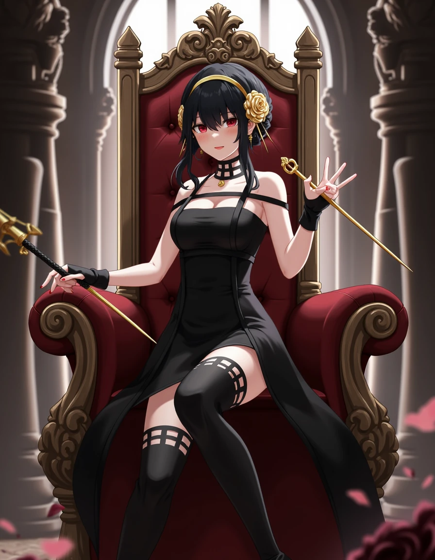 full body of yorforger2 in illustration style, she has dark hair styled in an elegant updo, adorned with a large, intricate rose hairpiece,
her eyes are striking red, she wears a black, strapless dress and have long sexy legs. She is sitting on a throne and looking dominant. She also make a victory sign with her left hand and holding a golden spear on the right hand.
the composition is very cinematic and the background in a medieval castle,
<lora:yorforger2_000001800:1.2>