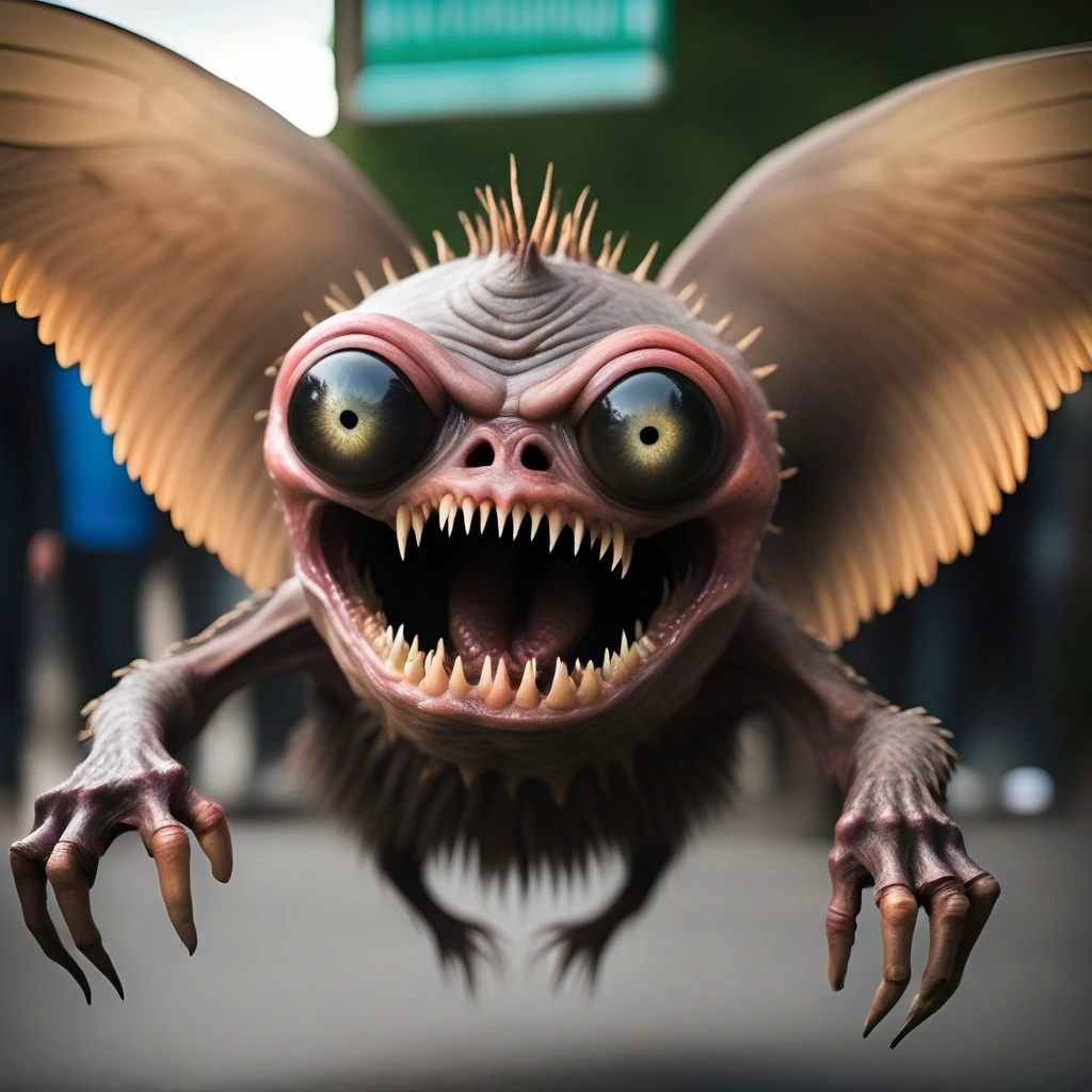 hideous humanoid creature, wings, fangs