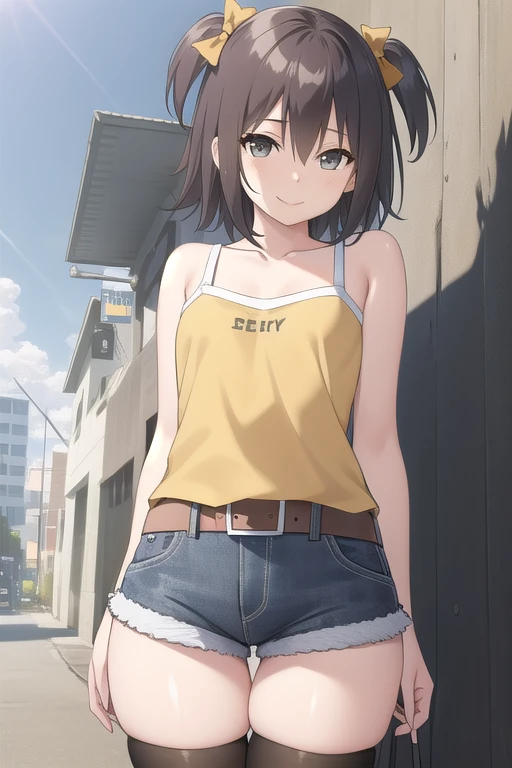 ((masterpiece)),(best quality),official art,extremely delicate and beautiful,extremely detailed CG,unity 8k wallpaper,ultra detailed,beautiful detailed eyes,extremely detailed face,outdoors,1girl,solo,cowboy shot,looking at viewer,facing viewer,smile,Sky,brown hair,short hair,two side up,hair bow,brown bow,hair between eyes,grey eyes,collarbone,bare shoulders,tank top,yellow camisole,clothes writing,small breasts,white belt,grey shorts,short shorts,denim shorts,shorts rolled up,thighs,zettai ryouiki,black thighhighs,loafers,<lora:Sky(Sky-Freedom):1.4>,