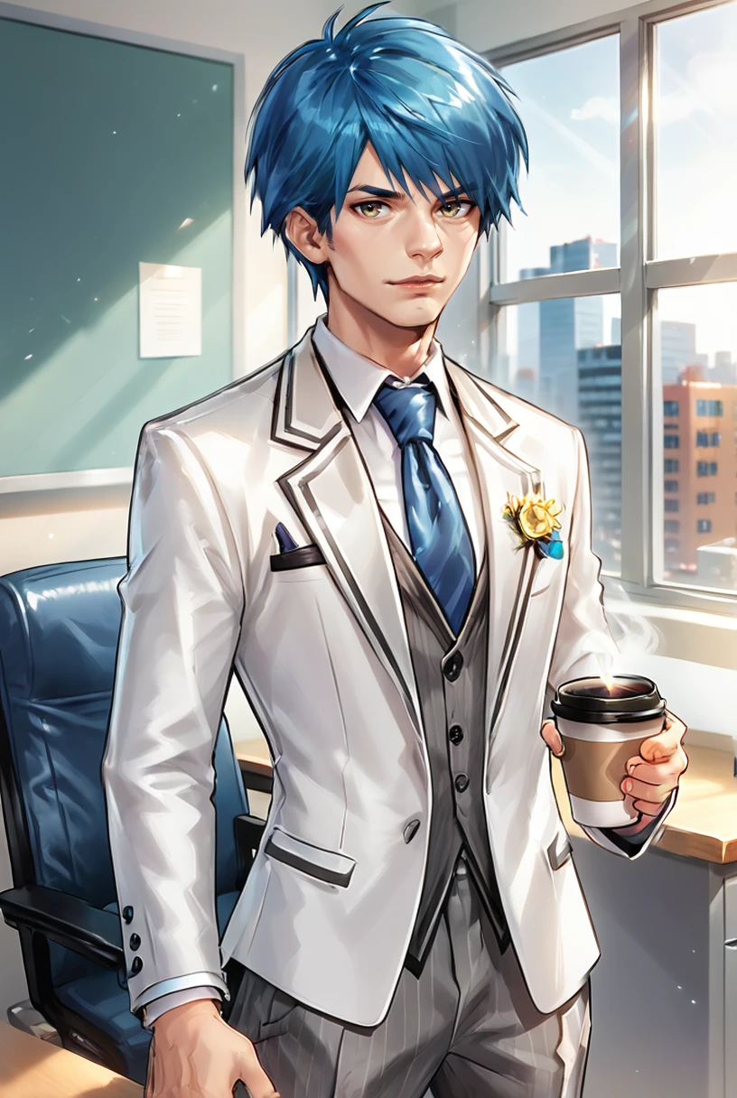 score_9, score_8_up, score_8,   <lora:Fayt_Liengod_Star_Ocean_for_PonyXl:0.8> 1boy, f4yt, blue hair, male focus, solo, suit, professional 
indoors, tie, office, window, paperwork, coffee cup