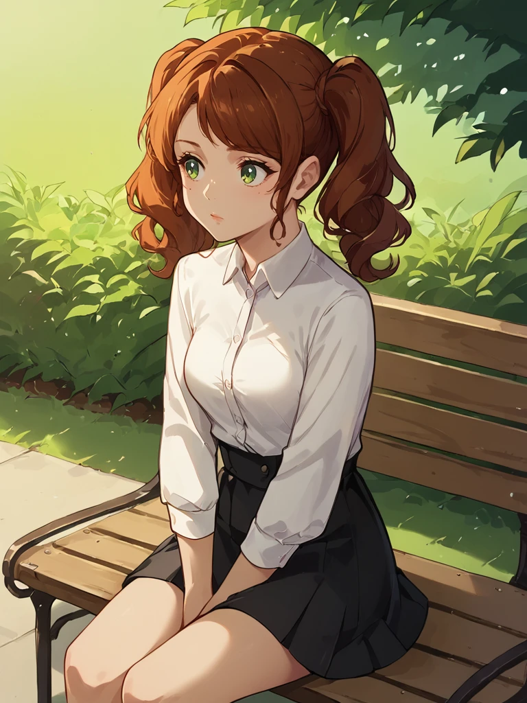 score_9, score_8_up, score_7_up, score_6_up, score_5_up, score_4_up, source_anime BREAK
<lora:Moalla:1>, white shirt, black skirt, sitting on a park bench, distracted, looking away, pigtails,âââ