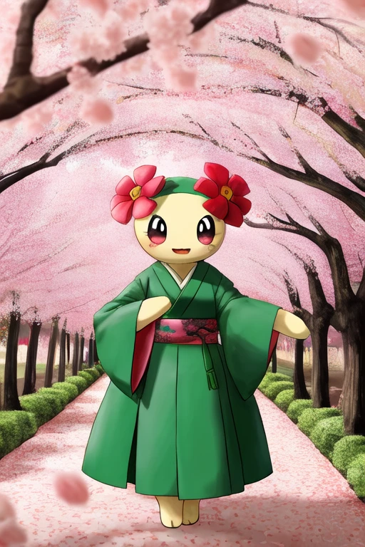 bellossom wearing a green kimono, cherry blossoms, 
in a cherry blossom orchard in Japan
by pokémon, by pokemon
<lora:bellossom:0.5>