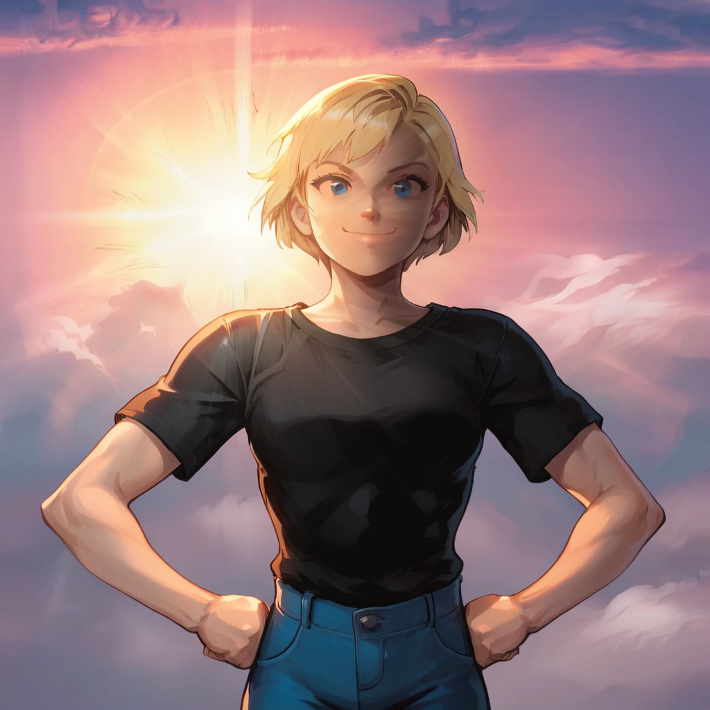 score_9_up, score_8_up, BREAK, source_comics, SuperSmile, 1girl, solo, blonde hair, short hair, blue eyes, black shirt, short sleeves, blue pants, smile, closed mouth,  sunrise,  sky,  cloud,  sunset, sunlight,  light rays, outdoors, hands on own hips, clenched hands,  <lora:SupermanSmile_PXL_Leaf2:0.8>