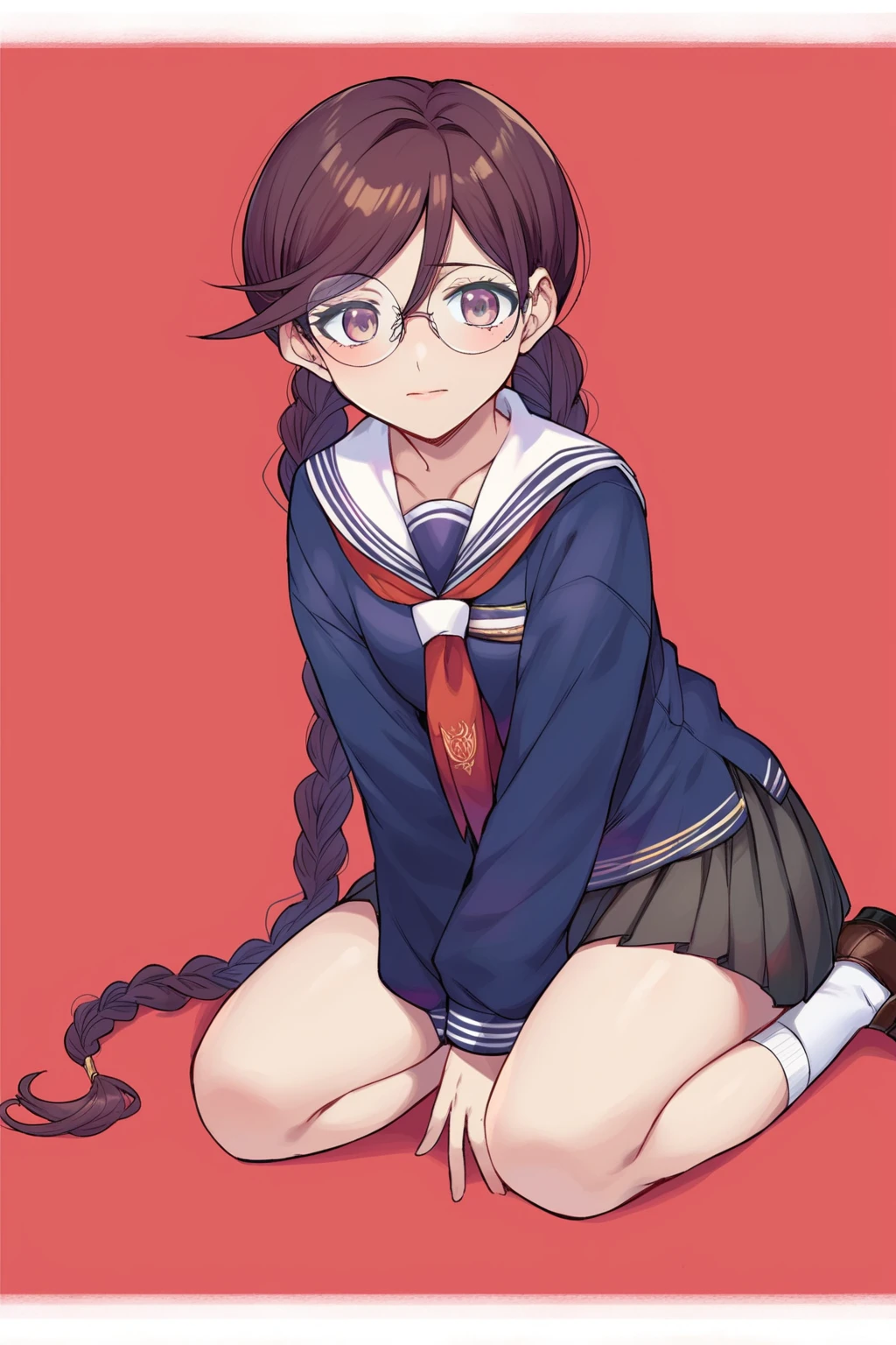 score_9, score_8_up, score_7_up, score_6_up, score_5_up, score_4_up, masterpiece, high quality, BREAK, full body, BREAK,  <lora:Fukawa Toko:0.9> fukawa toko, twin braids, long hair, schoolgirl uniform, navy blue shirt, brown shoes, round glasses, sailor collar,rimless eyewear, brown hair,