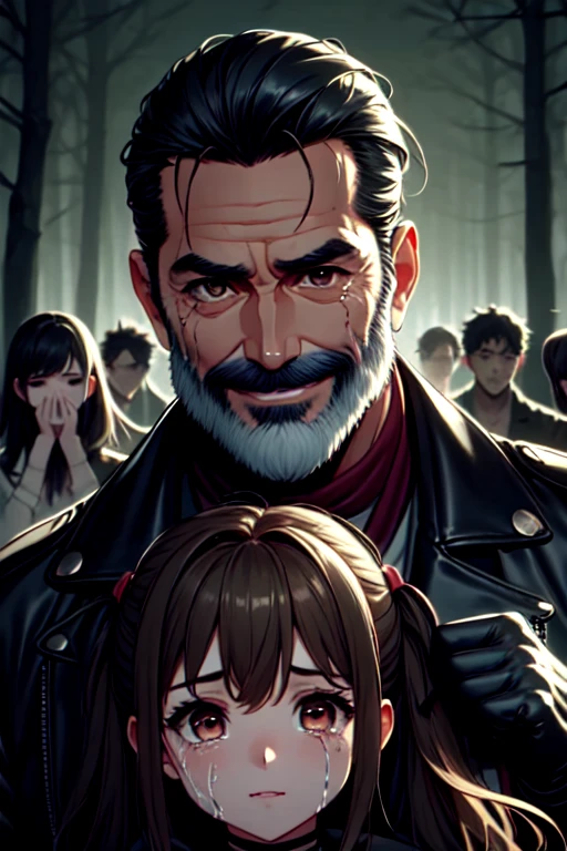 close-up, negan, holding weapon, 1guy, dancing, facial hair, undercut, red scraf, black leather jacket, black gloves, narrow waist, tall male, 1girl, 2girls, multiple girls, fear, scared, crowd, truck, fog, night, forest, multiple views, <lora:girlhatenegan:1>