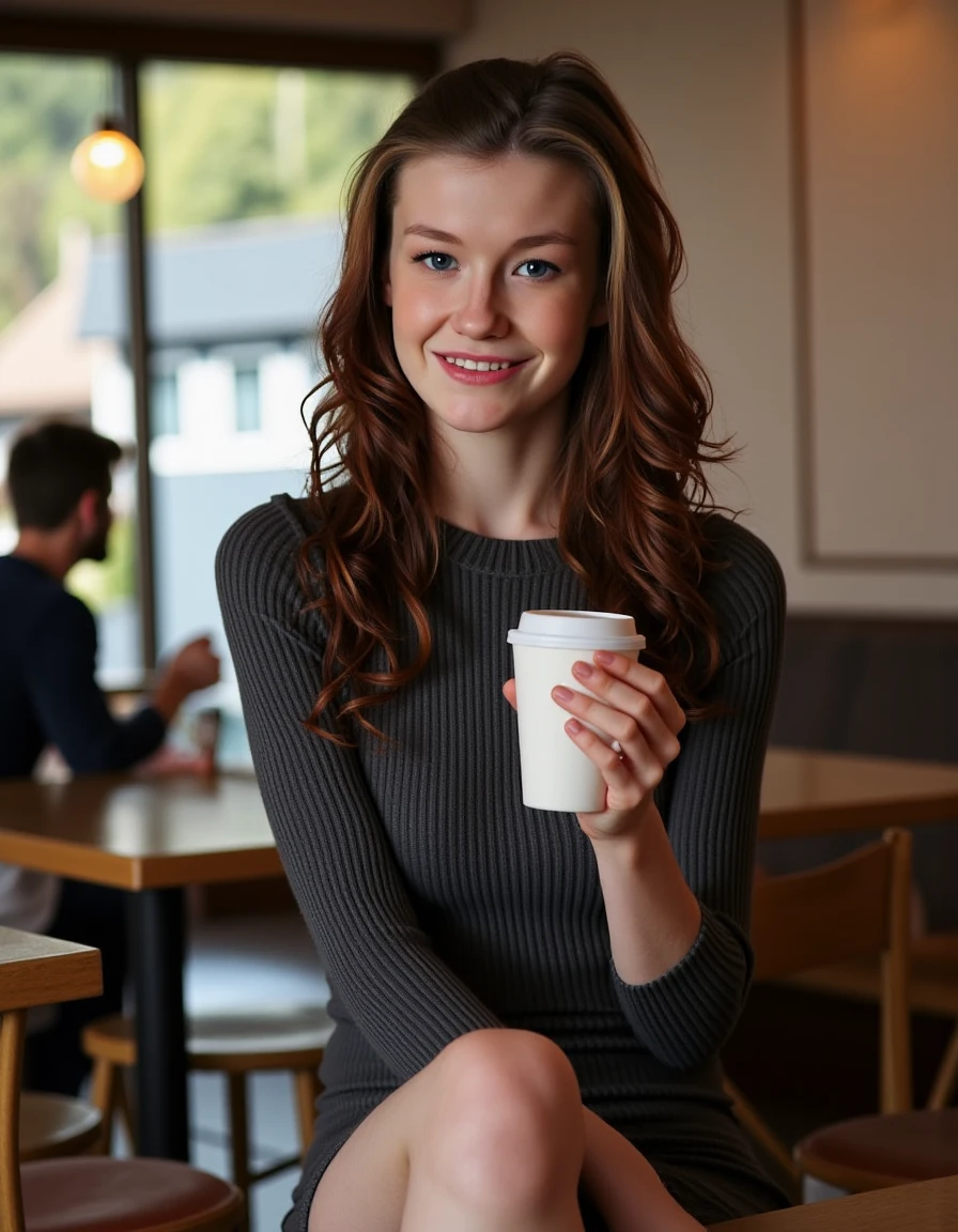 <lora:Emily_Bloom_Flux:1> Realistic photo of 1girl, petite, brunette,  wearing a fitted sweater dress,  sitting in a cafe having a coffee, looking at the viewer smiling