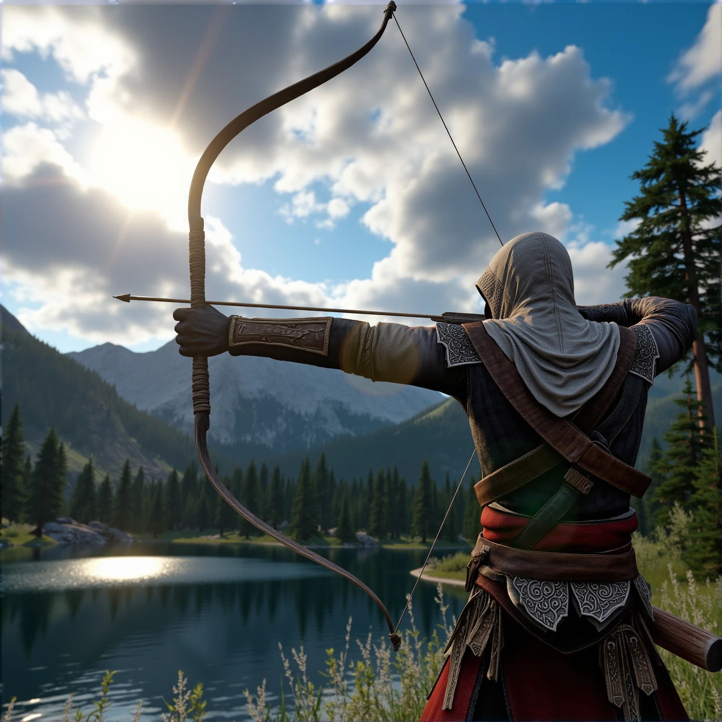 <lora:bow and arrow v1:1>
Archery an hdr side view photo of a warrior hoodie man holding a bow and arrow in front of a lake in the afternoon, solo, gloves, 1boy, holding, weapon, male focus, outdoors, sky, cloud, hood, holding weapon, armor, tree, sunlight, helmet, cloudy sky, outstretched arms, nature, scenery, forest, bow (weapon), light rays, arrow (projectile), holding bow (weapon), quiver, holding arrow, drawing bow, bow to shoot arrows, perfect hands, detailed hands, detailed image, sharp image, perfection, different, side view, profile view, assassins creed, from behind, mountain, sun, aiming