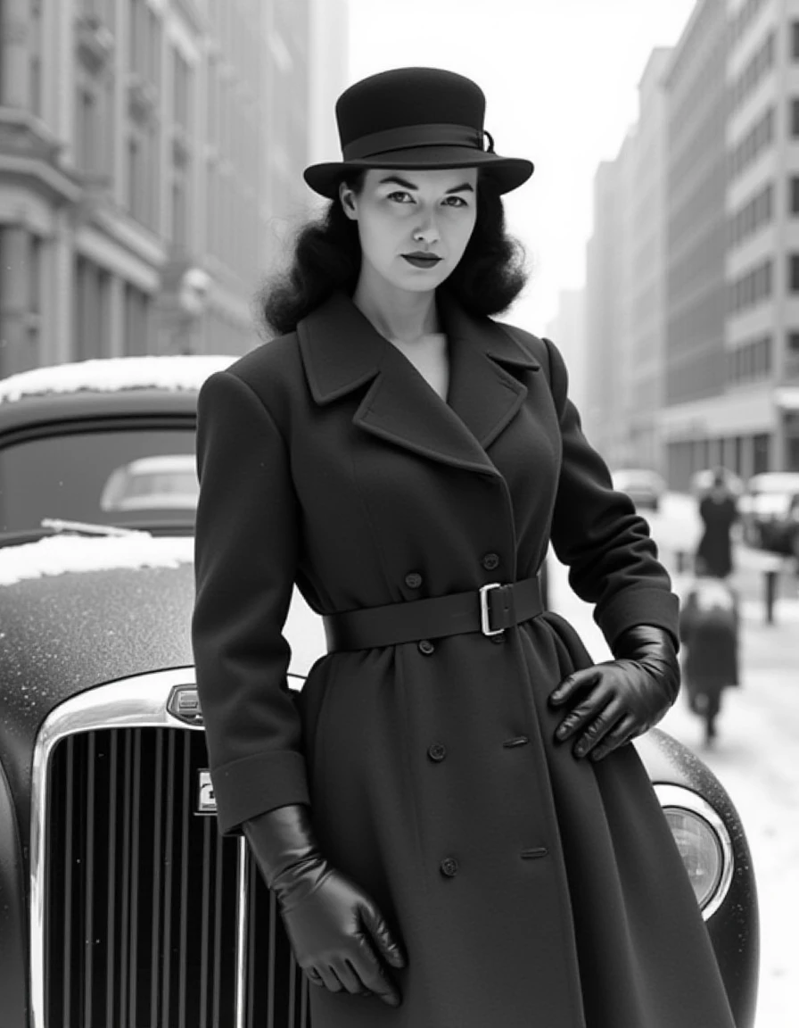 Bettie Page in a chic winter ensemble, wearing a tailored wool coat, matching hat, and gloves, standing by a vintage car, snowy city street backdrop, inspired by classic film noir style, sophisticated and polished, SFW fashion icon.