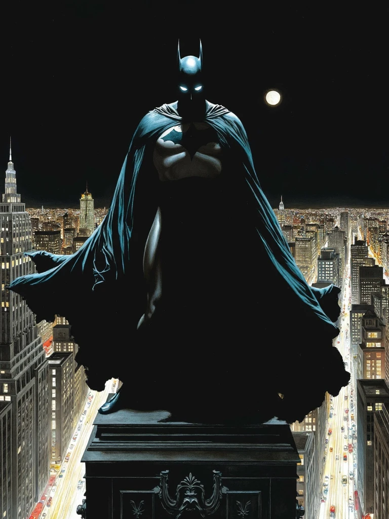 alexross style, vintage comicbook illustration, the main subject is batman, batman standing on highest skyscraper rooftop, he is surrounded by shadows and his cowl making his face completely black with only two white visible eyes, he is wearing armored suit and long torn windblown cape that covering his whole body right from the shoulders, street dimly light with car lights down below, dark noire atmosphere, black sky, moonlight,, <lora:sxz-Alex-Ross-Flux:1>