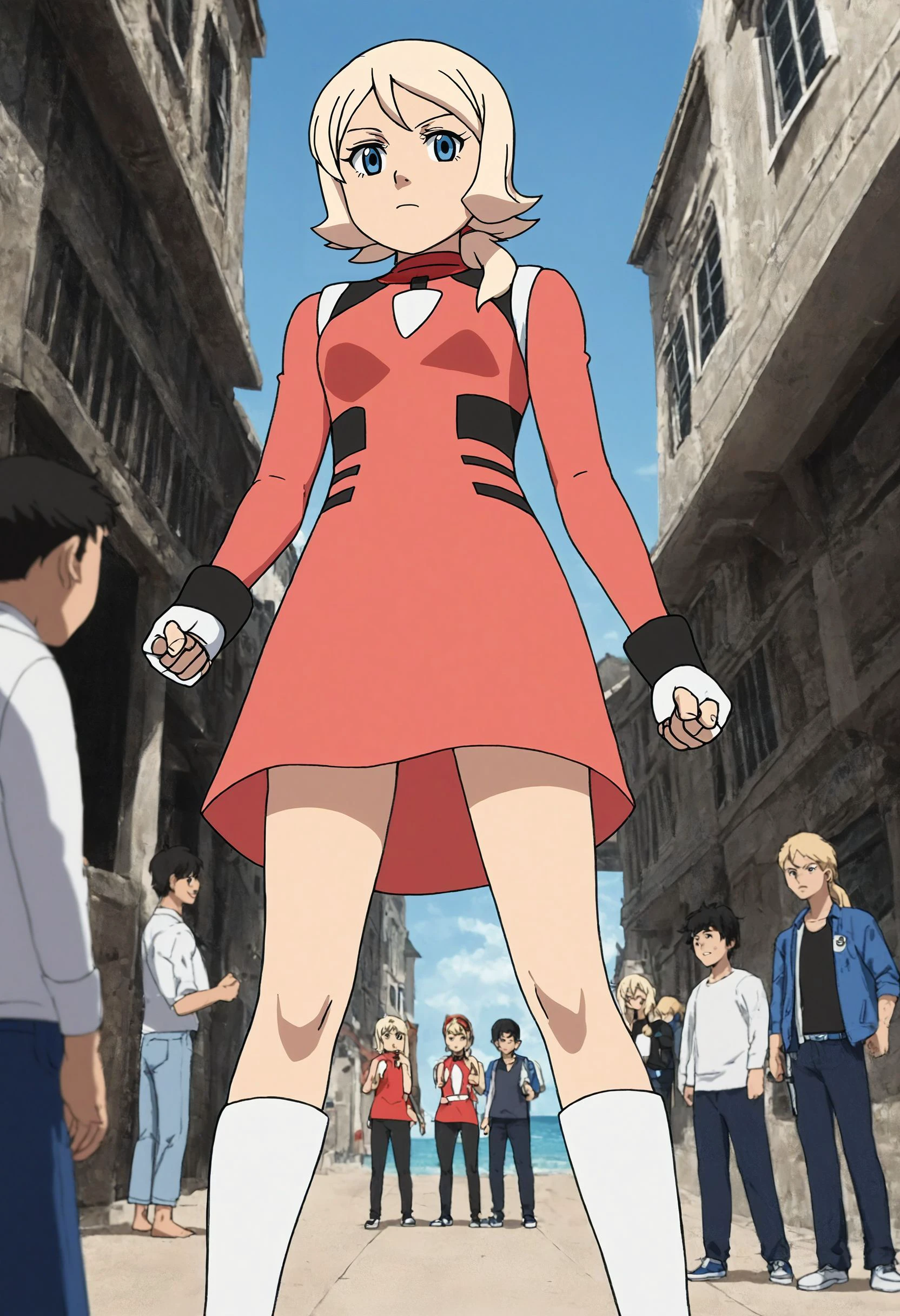 <lora:Hyper-SDXL-8steps-lora:1> <lora:Fixhands_anime_bdsqlsz_V1:1> zPDXL2, score_9, score_8_up, score_7_up, source_anime, intricate details, perfect anatomy BREAK
outdoors, beach, ocean, audience, crowd, clenched hands fighting stance, standing, from below, Stoic, Expressionless face with a neutral mouth and a neutral gaze.,,
1girl, solo, solo focus <lora:GAGE-emily_armond_XL(pony)v10:1> gage-emily, blonde hair, short hair, low ponytail, blue eyes, gage-emily outfit, red dress, fingerless gloves, red skirt, white boots,