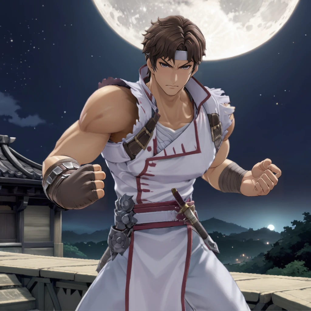 1boy, RichterBelmontXL, serious face, moonlight <lora:RichterBelmontXL:.9>, brown hair, white tunic, fists, (anime, masterpiece, intricate:1.3), (best quality, hires textures, high detail:1.2), (4k),(incredibly detailed:1.4),UHD, 8K, ultra detailed