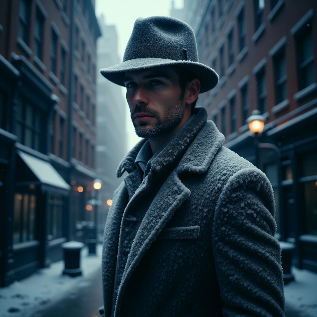 <lora:Fr0stWrld_Flux-000012:1> Fr0stWrld. Close-up portrait photo of a serious detective man in fedora and long trenchcoat covered in snow. Detective is standing in the dark alleyway of a modern city. Image has cold, dark, noir atmosphere.