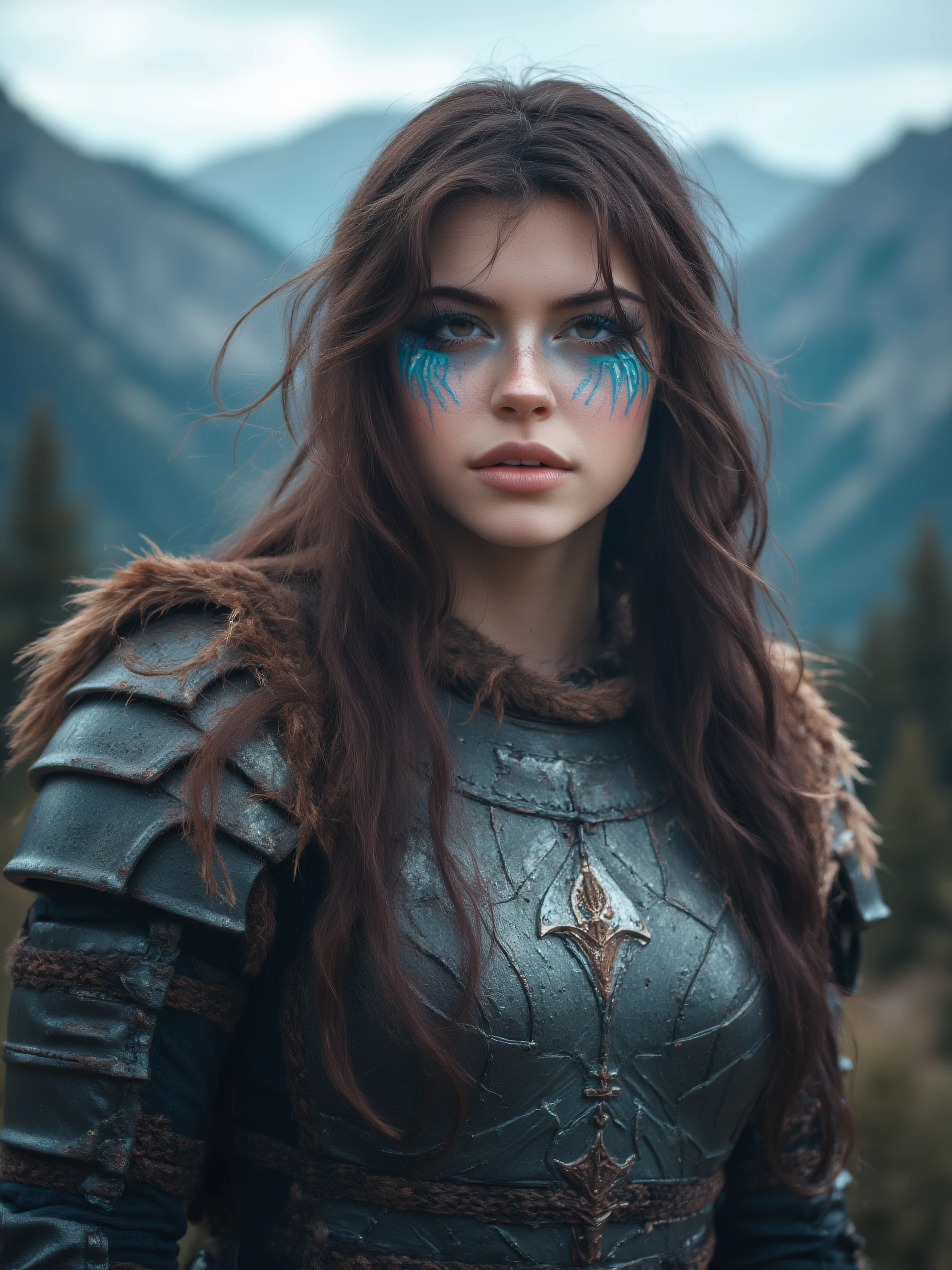 hnnhw woman adorned in viking warrior armor. her face is painted with blue war paint. she stairs intensely at the viewer. portrait. the background is bokah of highland mountains.