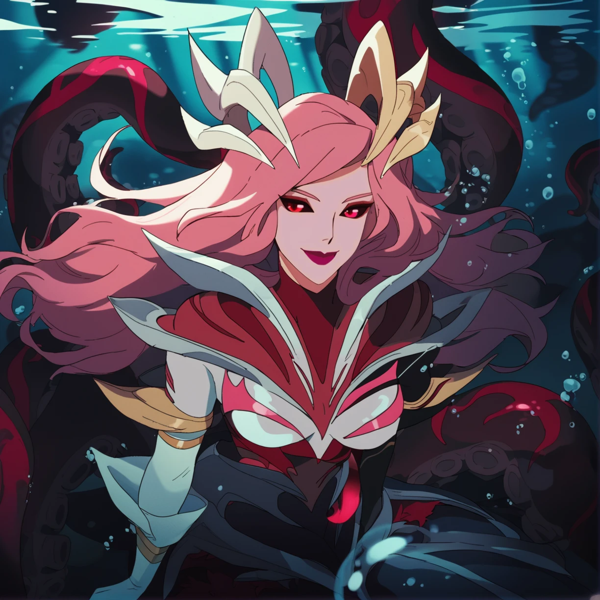 score_9, score_8_up, score_7_up, 
c0venn4mi, coven nami, 1girl, monster girl, red eyes, colored sclera, black sclera, (tentacles:1.2), bodysuit, long hair, pink hair, red lips, makeup, gloves, elbow gloves, underwater, bubble, water, looking at viewer, solo, ((night)), full body, seductive smile, ((octopus girl, scylla)), <lora:Nami_Coven_v2:0.8>