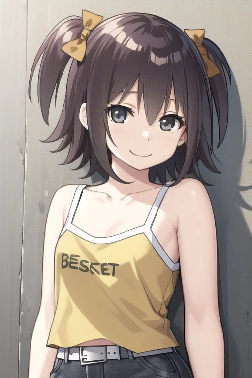 ((masterpiece)),(best quality),official art,extremely delicate and beautiful,extremely detailed CG,unity 8k wallpaper,ultra detailed,beautiful detailed eyes,extremely detailed face,outdoors,1girl,solo,upper body,(portrait:1.5),looking at viewer,facing viewer,smile,Sky,brown hair,short hair,two side up,hair bow,brown bow,hair between eyes,grey eyes,collarbone,bare shoulders,tank top,yellow camisole,clothes writing,small breasts,white belt,grey shorts,short shorts,denim shorts,shorts rolled up,thighs,zettai ryouiki,black thighhighs,loafers,<lora:Sky(Sky-Freedom):2>,