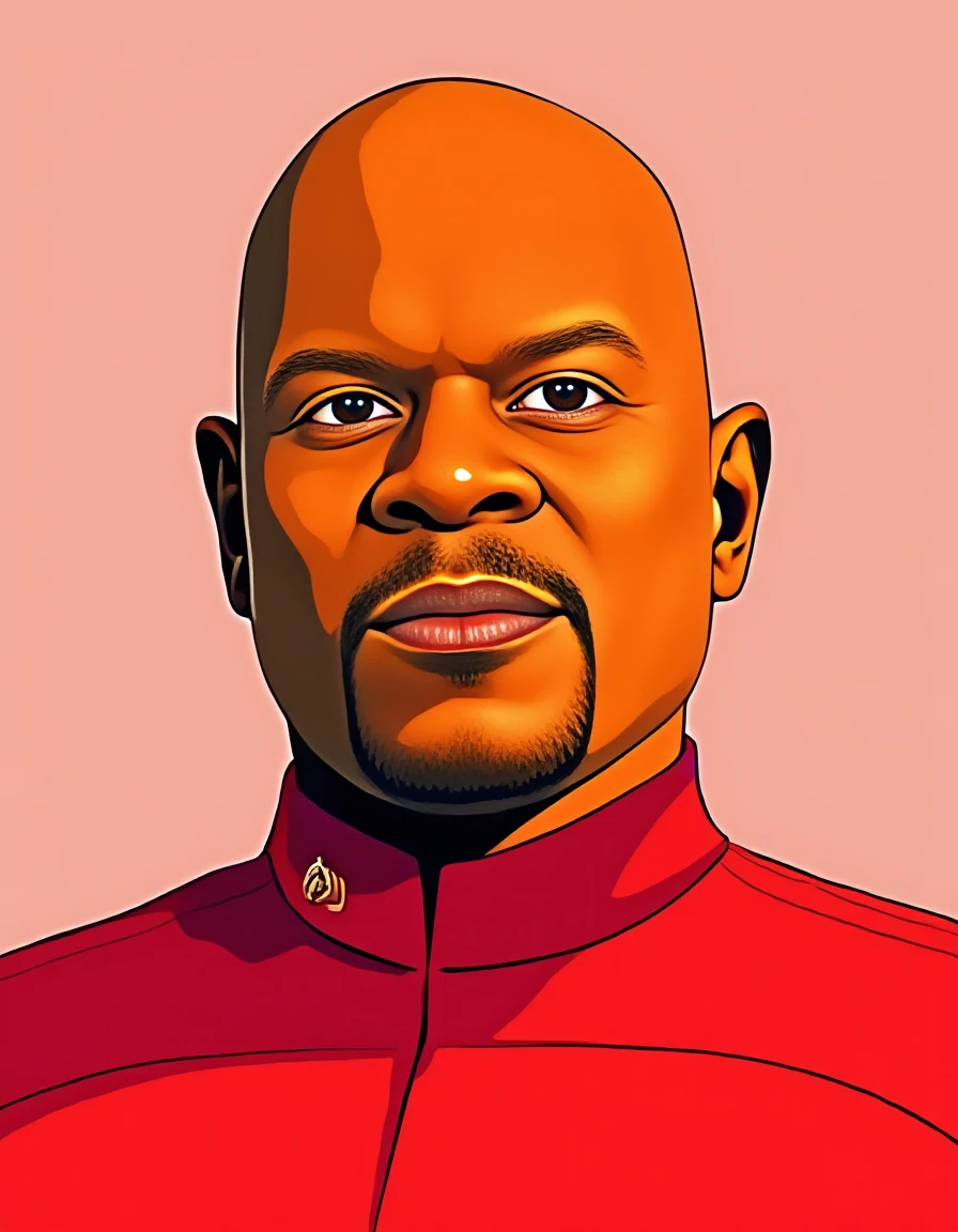 line art drawing <lora:sisko-flux:1.3>captain benjamin sisko a afro american man with a bald head and a red shirt looks surprised at something, Vector art, Vivid colors, Clean lines, Sharp edges, Minimalist, Precise geometry, Simplistic, Smooth curves, Bold outlines, Crisp shapes, Flat colors, Illustration art piece, High contrast shadows, Technical illustration, Graphic design, Vector graphics, High contrast, Precision artwork, Linear compositions, Scalable artwork, Digital art . professional, sleek, modern, minimalist, graphic, line art, vector graphics