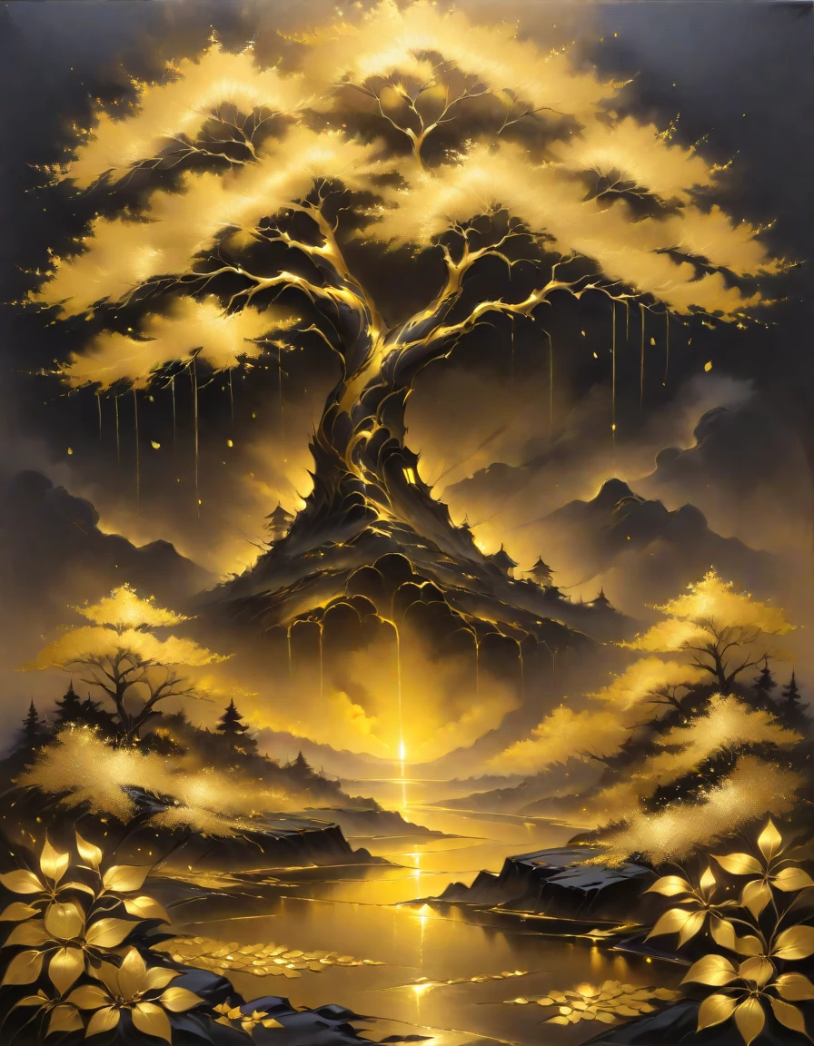 golden-darkness,masterpiece, professional artwork, oil painting, breathtaking landscape, giant tree, golden leaves, flowers, background focus, <lora:Golden_Darkness_Style_SDXL:1>