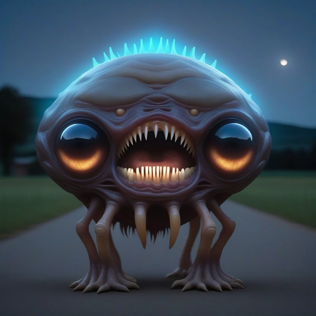 giant alien creature, teeth, extra eyes, glowing, very dark night, rural background