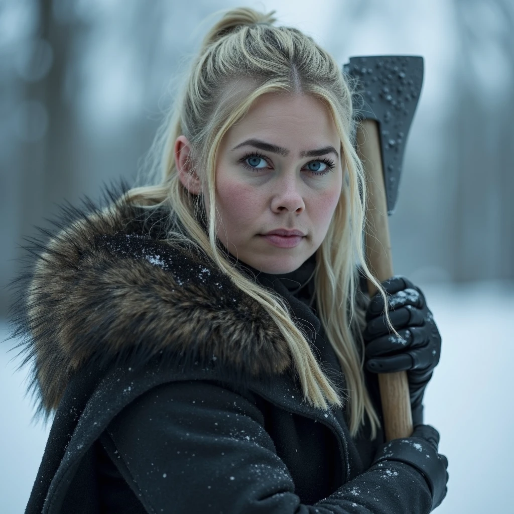 briborgen woman, blonde ponytail, game of thrones wildling, fur coat, axe, westeros, eternal ice, muddy face,  looking at viewer, 