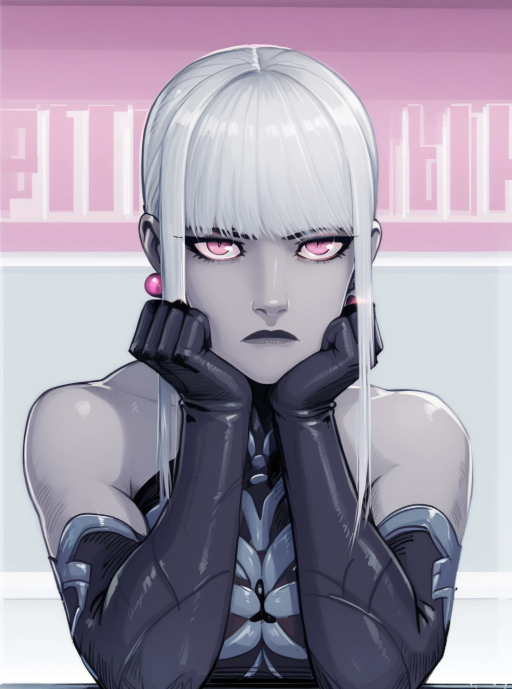 score_9   <lora:omega_f:1>
omega_f, 1girl, colored skin, gray skin, pale skin, white hair, long hair, ponytail, sidelocks, pink eyes, black bodysuit, silver trim, bare shoulders, elbow gloves, earrings, breasts
portrait, head on hand, hands on cheeks, looking at viewer, expressionless, elbow rest, head rest, hands up, fist
space background, <lora:DevilHSLycoXL:1>