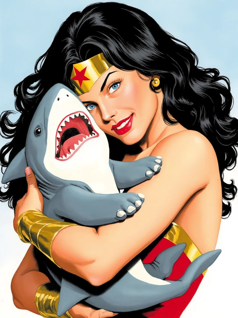 alexross style, vintage comicbook illustration, wonder woman hugs cute little pet shark, shark have dog-like paws instead of fins and cute muzzle with wide smile and sharp teeth, wonder woman smiles softly and her eyes closed <lora:sxz-Alex-Ross-Flux:1>