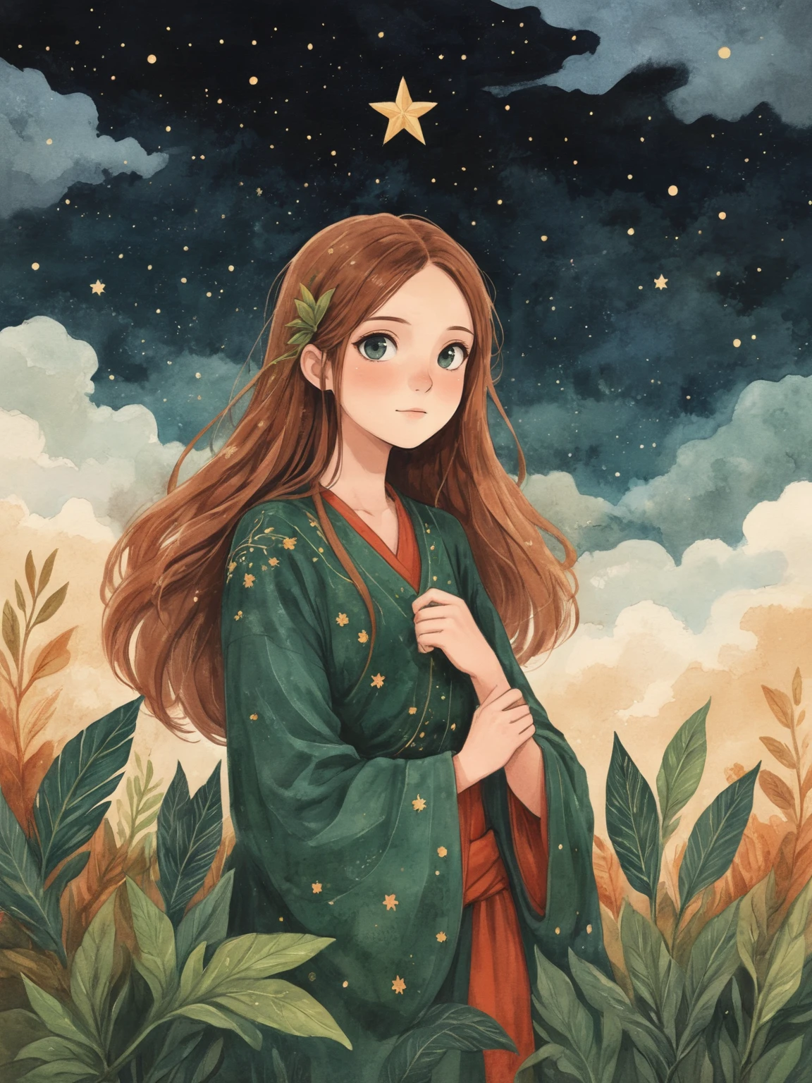 ,hunfg,1girl,solo,long hair,upper body,stbejing,leaf,plant,traditional media,sky,star \(sky\),cloud,<lora:wwm828:0.7>