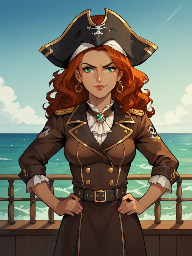 score_9, score_8_up, score_7_up, score_6_up, score_5_up, score_4_up, source_anime BREAK
1girl, <lora:Moalla:1>, pirate outfit, feathered tricorn, pirate ship, ocean, waves, rigging, sails, masts, wheel, assertive, hands on hips, galleon, standing on ship deck, portrait, smirk,âââ