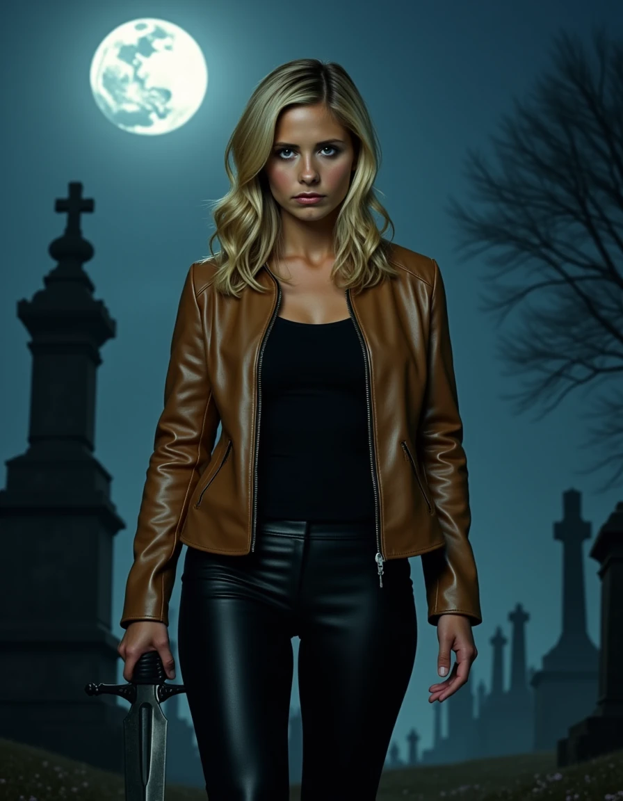 <lora:Buffy_Summers_Flux:1> Realistic photo of 1girl, buffybtvs, blonde hair, skinny, tan leather jacket, black undershirt. alert expression, holding a sword. Walking through a graveyard at night. Full moon. moonbeams, Mausoleums, tombstones, graves. mist rising across the graveyard. haunted atmosphere, fear, horror. closeup shot