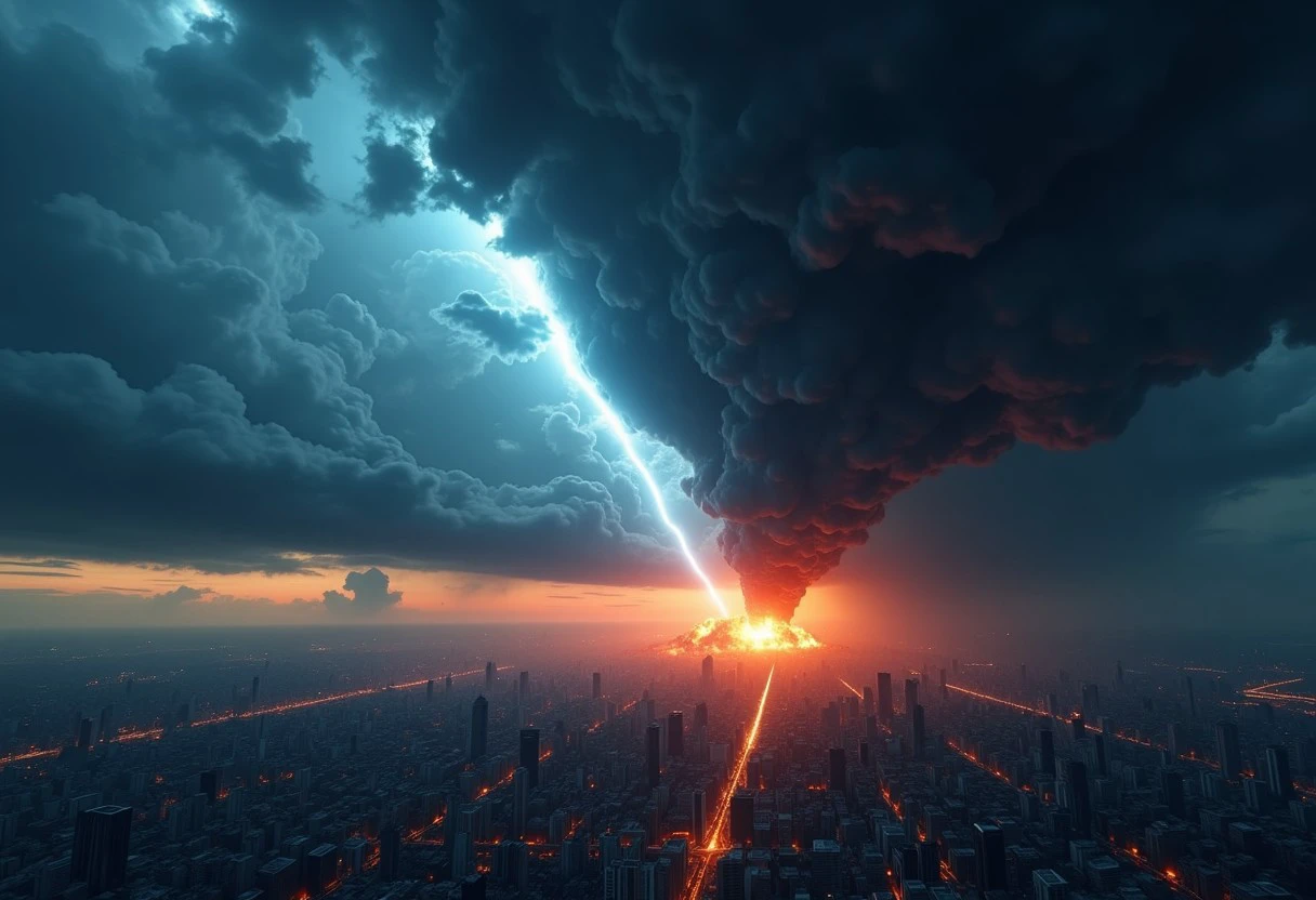 RAW photo, (photo flash:1.5) (fashion photography) (pictorialist style), fashion shot, realistic photo style, sharp focus, an orbital attack from the sky strikes Tokyo City, huge black beam ray striking the ground with explosions and fire, dark cloudy sky opened by the ray with an electric shockwave, white lighted horizon, cinematic volumetric lighting, wide shot with Sony Fx6