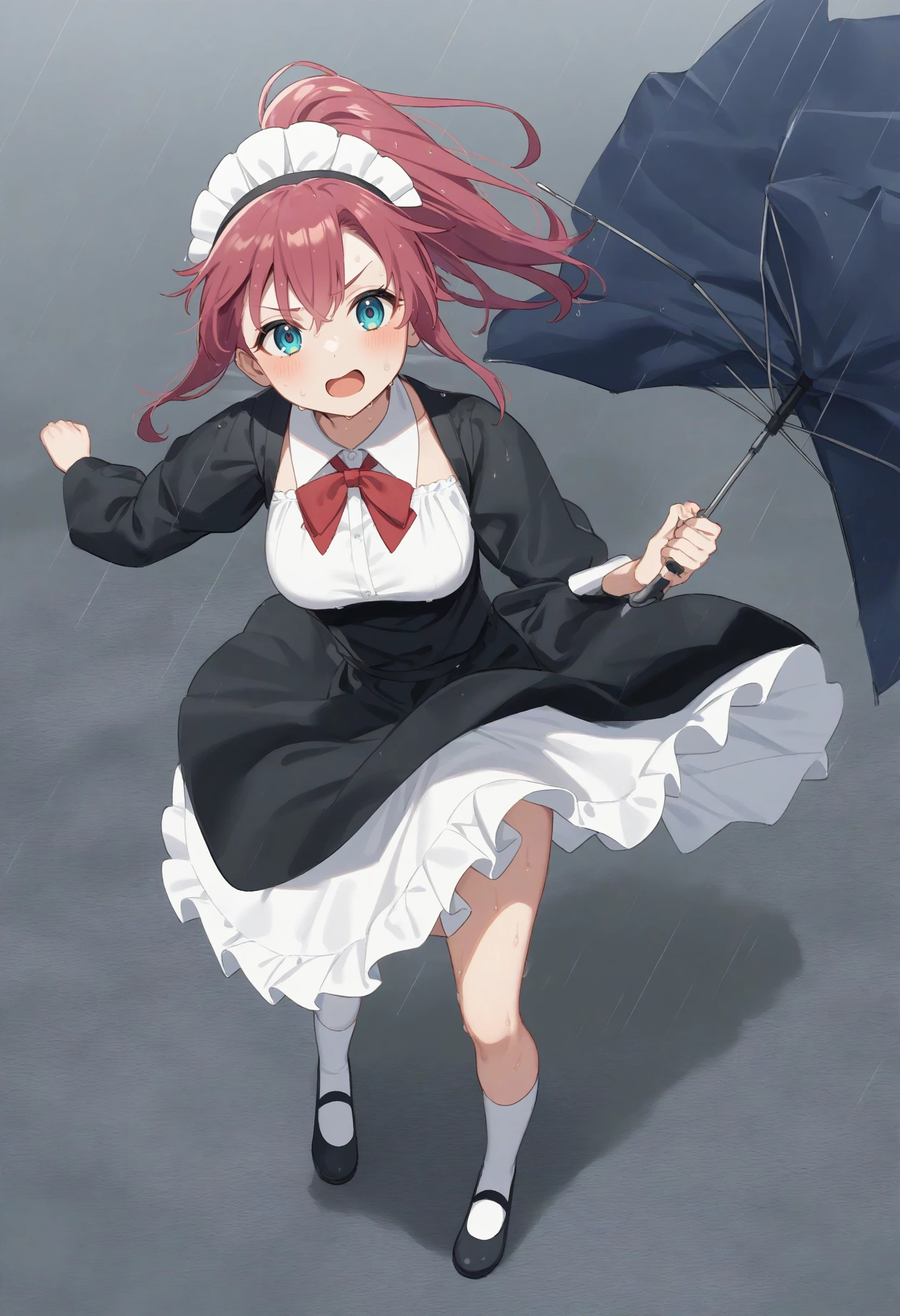 1girl,sincos, ningen mame, toosaka asagi,solo,medium breasts,20yo,maid,maid headdress,
cloudy sky ,floating hair ,leaning to the side,typhoon, storm ,raincoat,broken umbrella,umbrella,holding umbrella,rain,outdoors,wet,wind,wind lift, leaning forward, <lora:brokenumbrella_XL_v1:0.8>
from above, full body, looking ahead, pink hair, aqua eyes,determined, middle ages street, open mouth, front ponytail hair,,
best quality, very aesthetic, absurdres