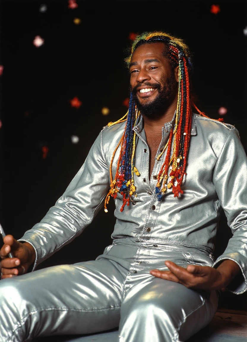 This image is a color photograph of George Clinton's face close up. He has multicolored braids and is dressed in a silver bodysuit like something out of a 1950s TV show. He is sitting on a ufo, smiling and holding a space blaster in one hand. His legs are hanging off of the edge of the flying saucer. The background is black and filled with stars.