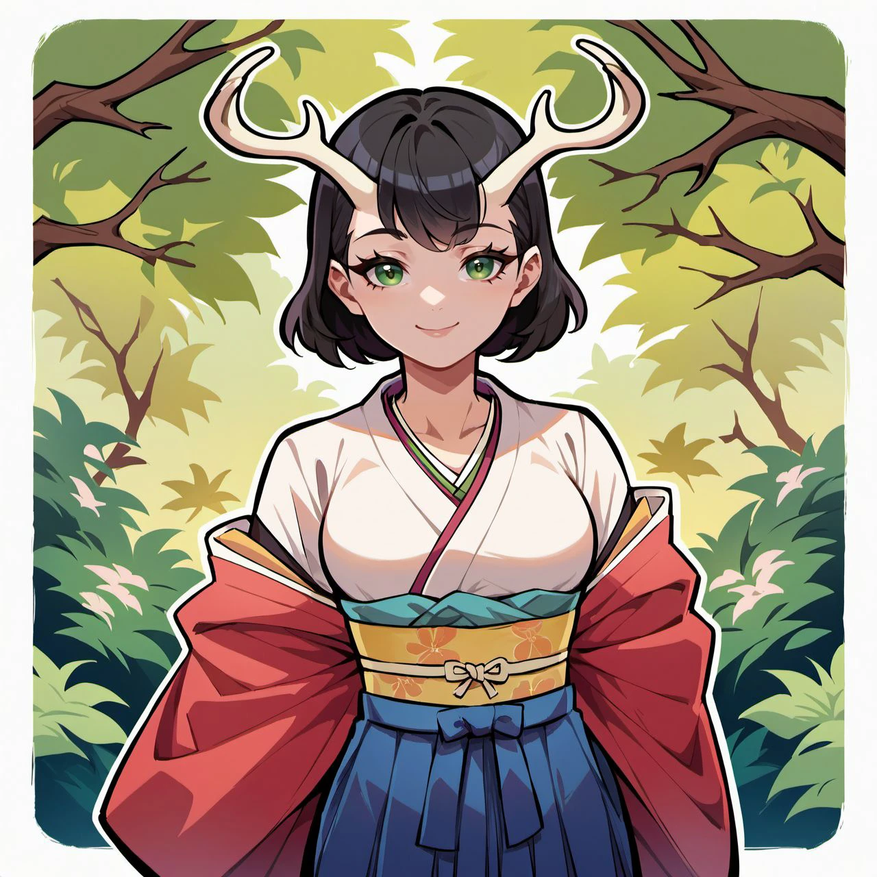 score_9, score_8_up, score_7_up, score_6_up,  heyra, horns, antlers, bangs,
medium breasts, (curvy), cute, eyelashes, rating safe, green eyes, short black hair, kimono, Japanese clothes, hakama, smile, looking at viewer,white outline,
<lora:heyra_race_v1-000007:0.9>,