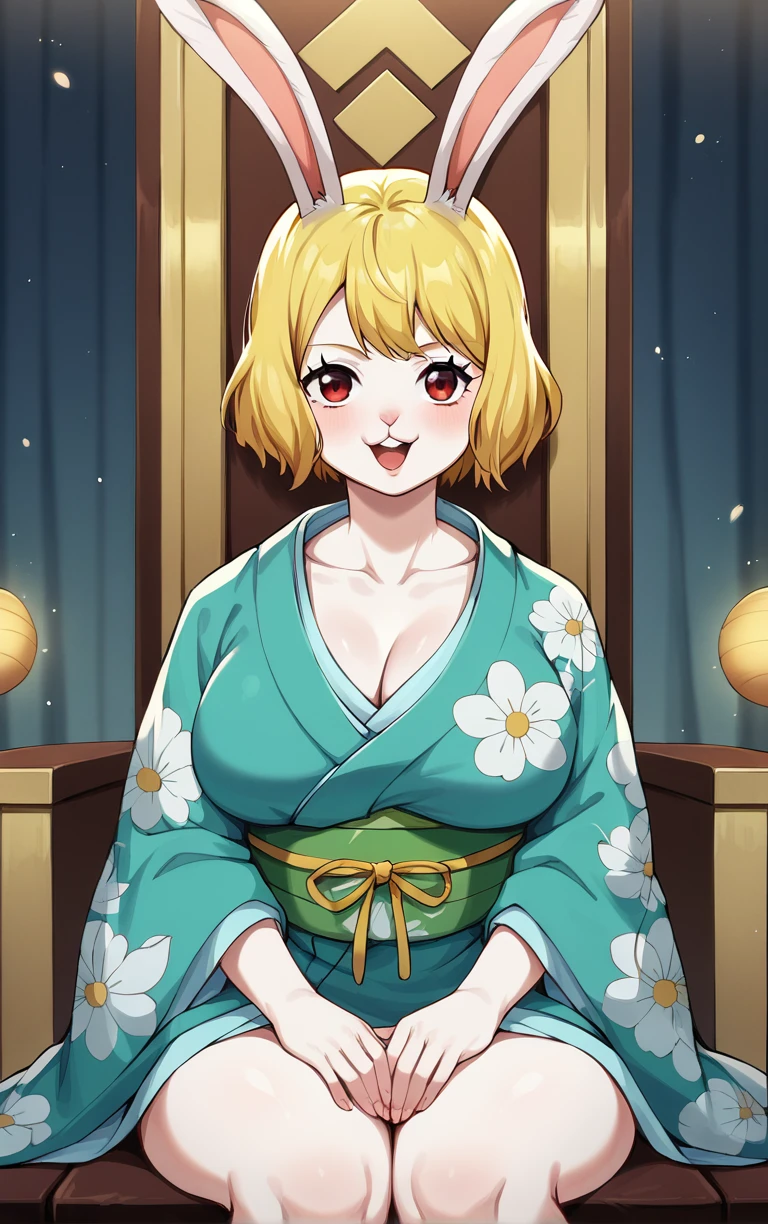 score_9, score_8_up, score_7_up, BREAK
Kimono_Wano_Carrot_ownwaifu,
1girl, blonde hair, rabbit girl, furry female, short hair, rabbit tail, large breasts, rabbit ears, animal ears, collarbone, red eyes, white fur, animal nose, body fur, buck teeth, bangs, groin, white skin,
japanese clothes, kimono, obi, sash, floral print,
(sitting on throne, sitting, throne), throne room, straight-on, curtains, light particles, bokeh, loaded interior, indoors, <lora:PONYXL_ONEPIECE_Wano_Carrot_ownwaifu:0.85>, solo,