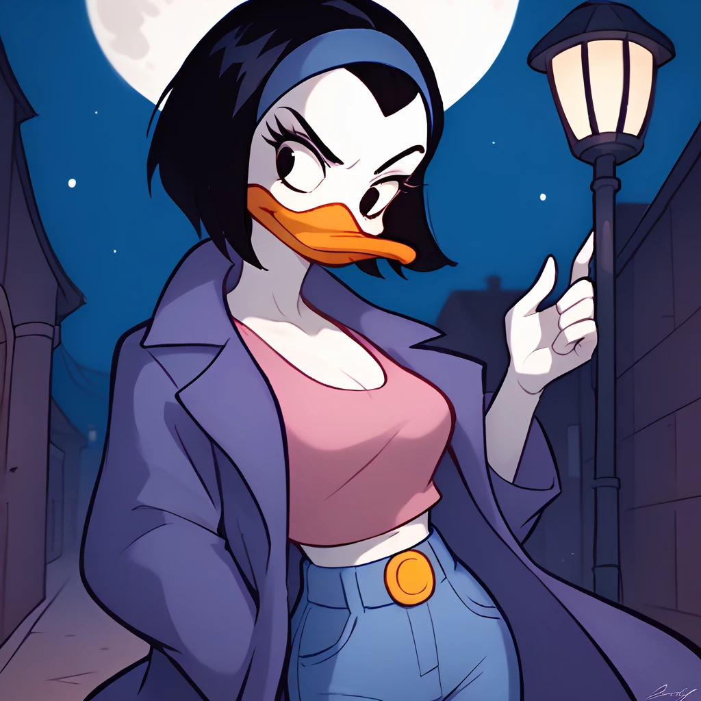 score_9, score_8_up, score_7_up, 1girl, solo,  uncensored, <lora:KayKXL_v1.1:1> kay-k, duck girl, white skin, bill, black hair, blue hairband, purple coat, pink top, blue jeans, outdoors, night, moon, street lantern, moody lighting, alley, heavy shadows, serious