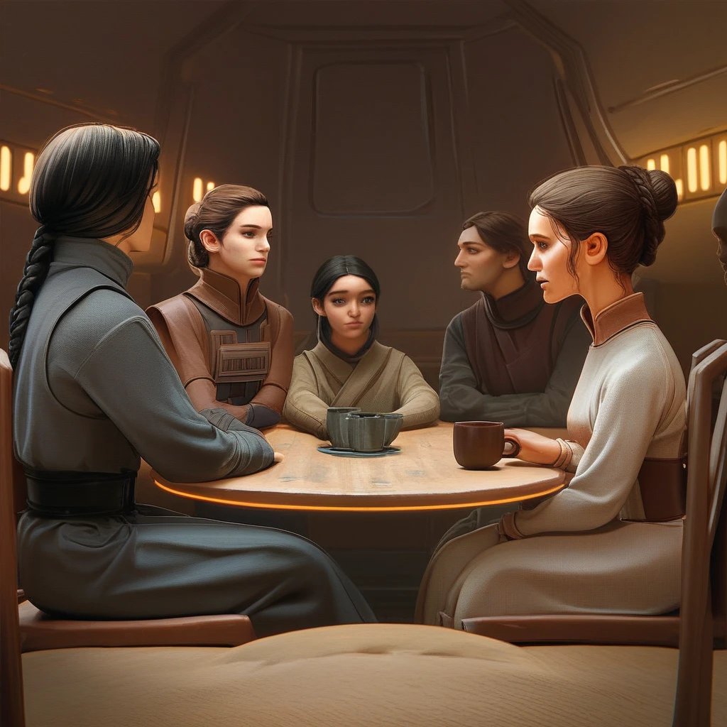 score_9, score_8_up, score_7_up, tatooine, homestead, star wars, table, multiple girls, multiple boys, sitting, cup, indoors, brown hair, hair bun, profile, 2girls, long hair, single hair bun, 3boys, chair, long sleeves, black hair, braid, 3girls, facial hair, looking at another