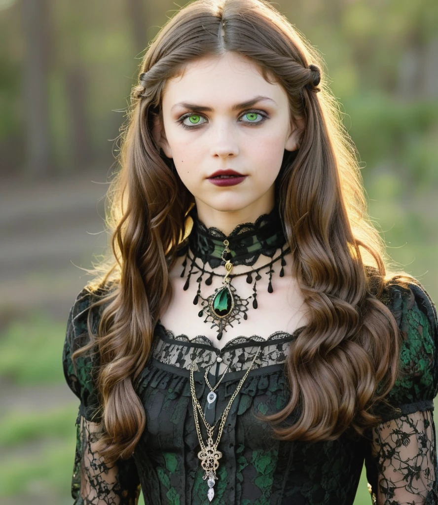 a professional absurdres sharp focus intricately detailed photograph of a beautiful (Aurelia_Scheppers:1.1),
18yo, slight smirk, long brown hair, green eyes,
(In a dark, black gothic vintage-inspired high-necked dress of deep burgundy lace, paired with Victorian-style boots and a choker necklace, complemented by dark, dramatic makeup and a mysterious expression, for a haunting and gothic look),
<lora:Aurelia_Scheppers-SDXLe13:0.8>