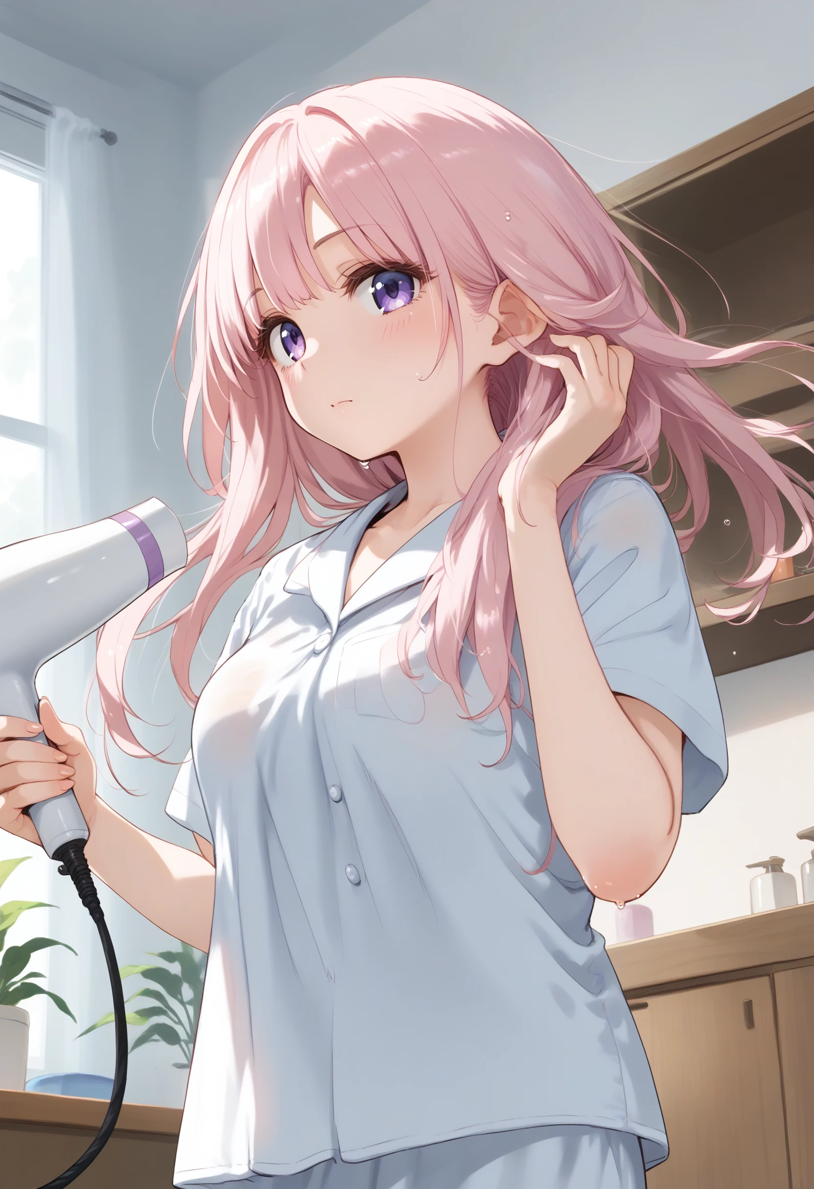 score_9, score_8_up, score_7_up, source_anime,
1girl,solo,medium breasts,
hair dryer,drying hair,pajamas, wet hair ,floating hair,wind, after bathing,hand in own hair ,indoors,<lora:hairdryer_Pony_v1:0.8>
from below, portrait, looking up, pink hair, purple eyes,furled brow, closed mouth, folded ponytail hair,